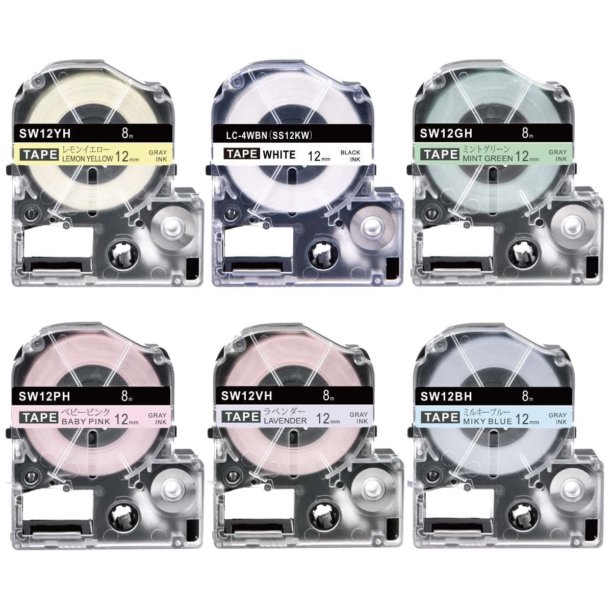 SOHO Partner for King Jim Tepra PRO 12mm white background black text, baby pink, milky blue, mint green, lavender, lemon yellow, gray text, 6-color set, compatible