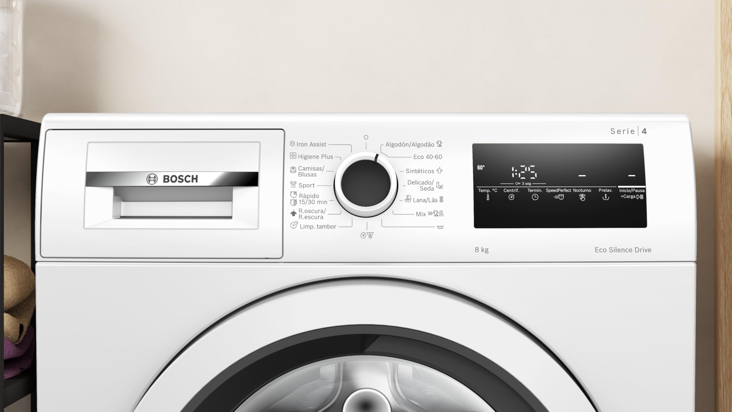Bosch - Lavadora Libre Instalación, 8 kg, 1200 RPM, Serie 4, Función Pausa + Carga, Iron Assist, Motor EcoSilence, Blanco, WAN24272ES