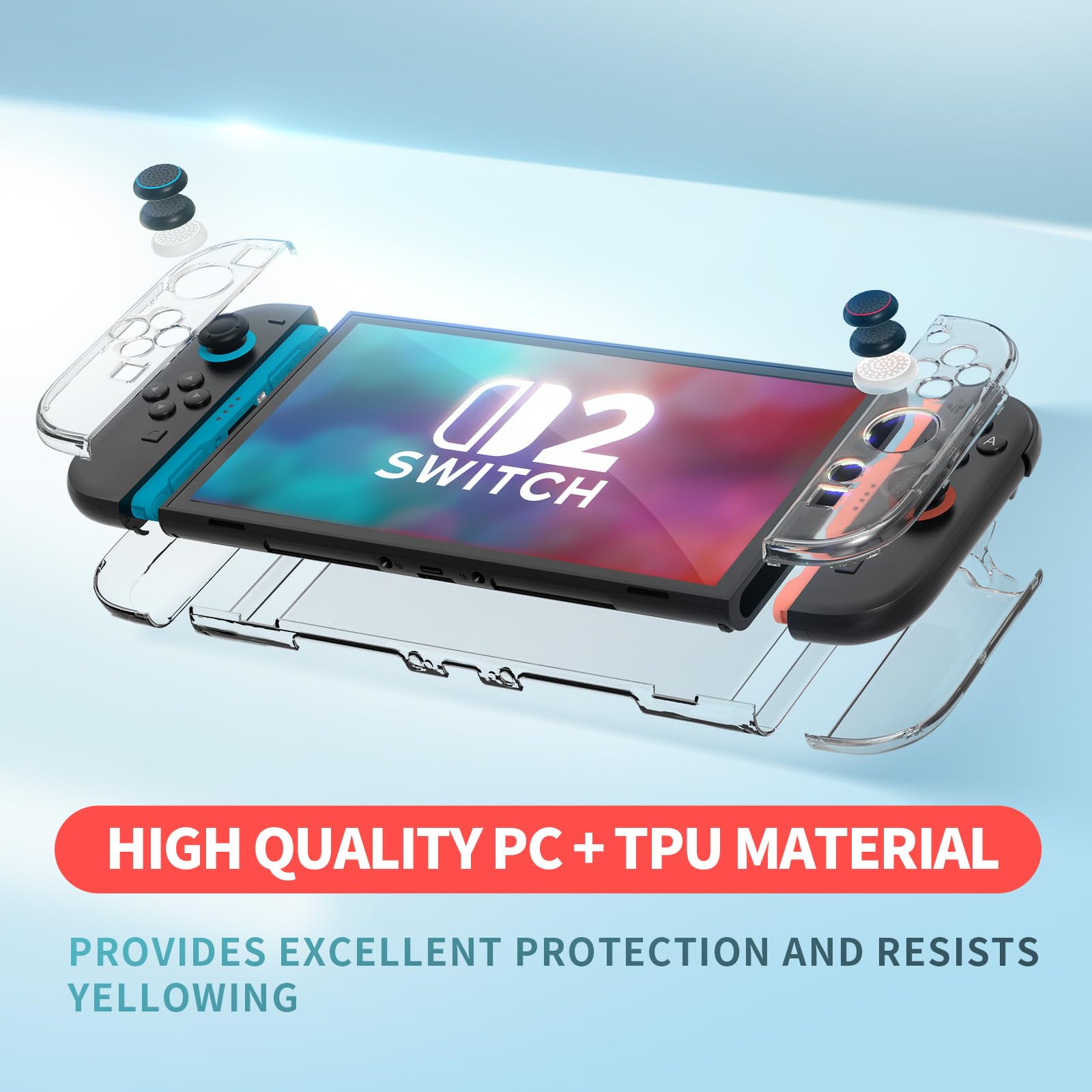 Tixlux Dockable Hülle für Nintendo Switch 2 (2025), Transparente PC Schutzhülle, Joy-Con Cover & 6 Daumengriffe, Stoßfest