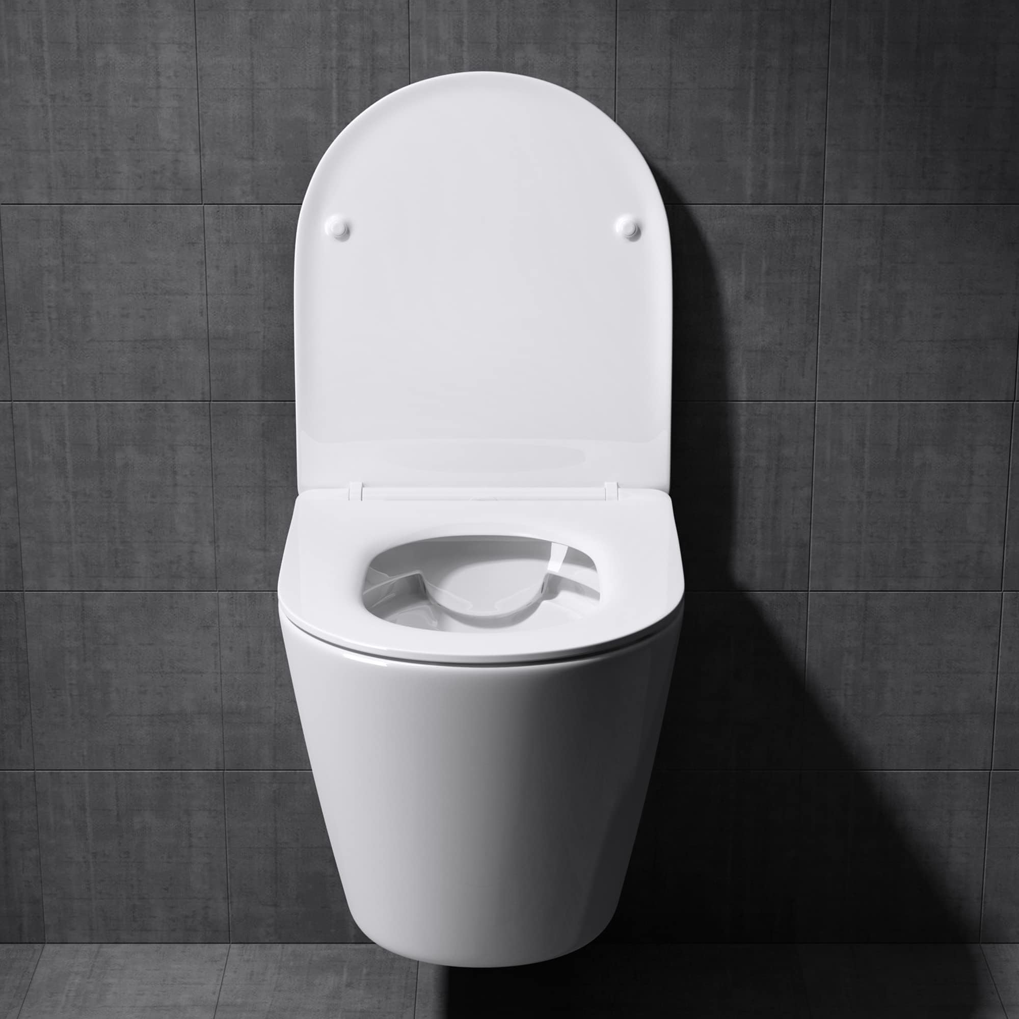 Mai & Mai Hänge WC Toilette Wand-WC Spülrandlos Weiß aus Keramik Wandmontage mit Absenkautomatik Aachen108-kurz