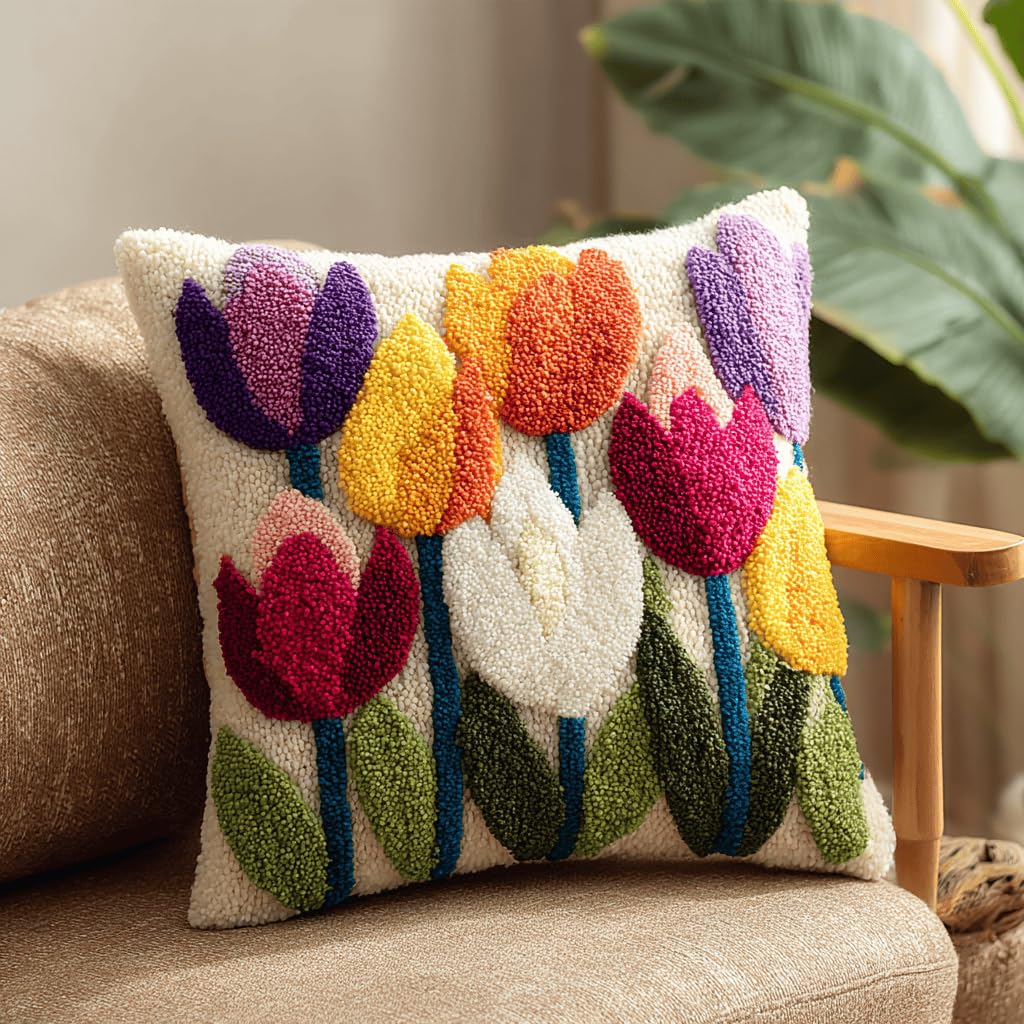 VwrxnchCoatx Latch Hook Cushion KitsFor Adults Needlework Pillow Cover Tulip Flowers43Cmx43Cm DIY Hooks Knitted Embroidered Carpet Pillow Embroidery Latch Hook Carpet Kit