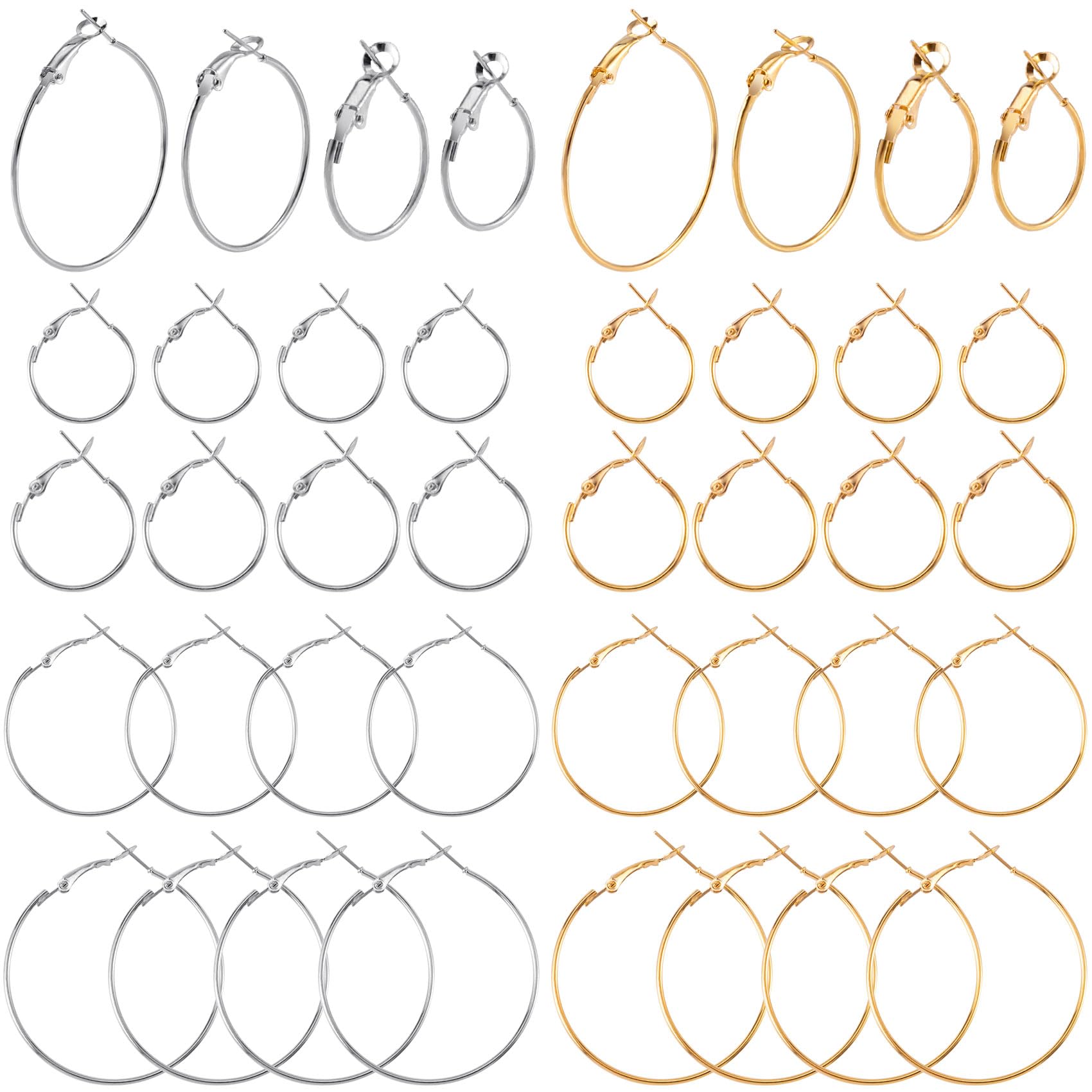Joez Wonderful 32 Pcs Hoop Earrings Finding, Hypoallergenic Alloy Round Earring Hoops for Jewelry Making, Gold Silver Open Beading DIY Earrings Craft Art Accessories 20mm 25mm 30mm 40mm