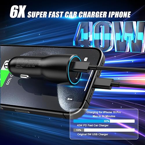 Miniatura 3 de Cargador rápido para iPhone 15, cargador de coche USB C dual de 40 W, adaptador de carga rápida con 2 cables USB C a USB C para iPhone 1515 Plus15