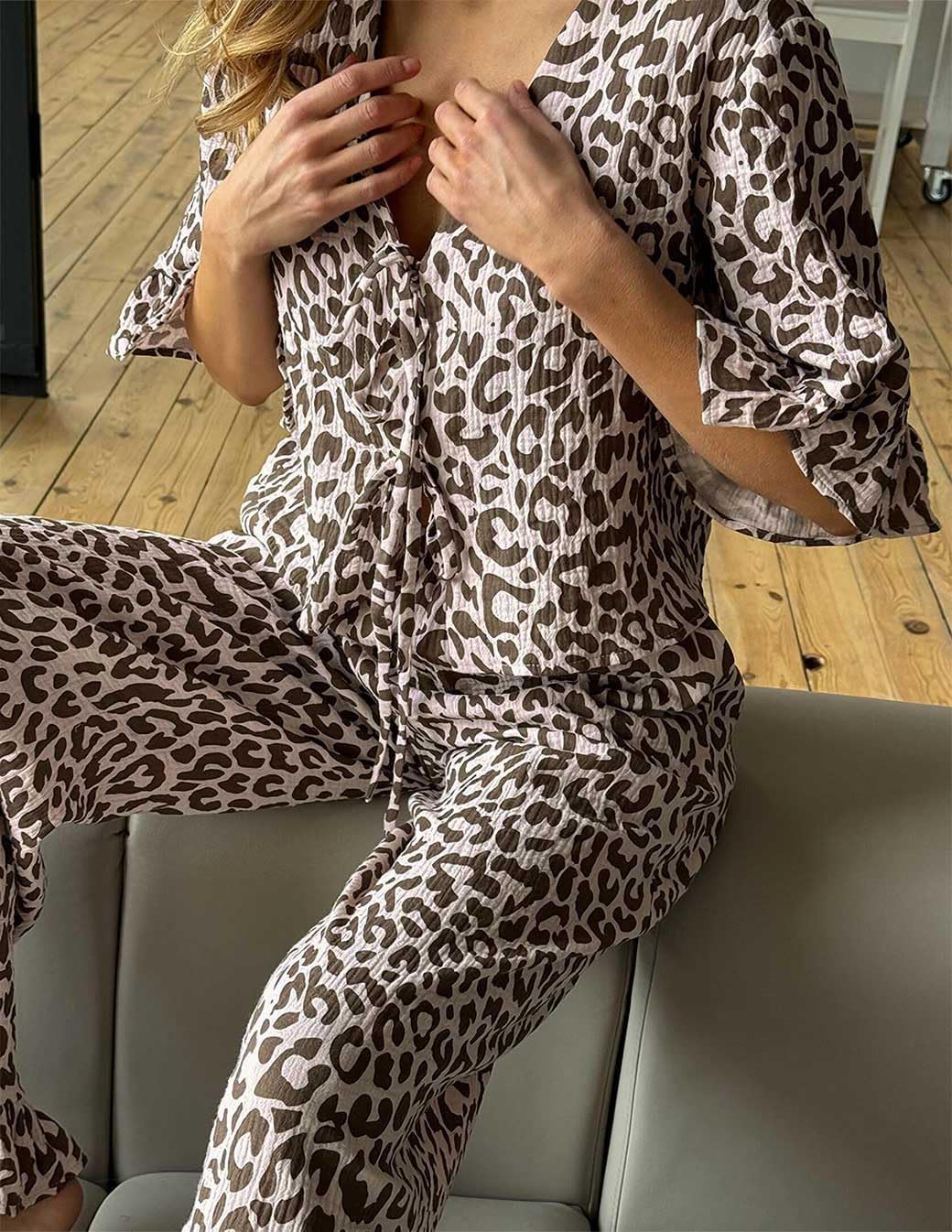 Womens Cotton Pajama Set Ruffle 2 Piece Tie Front Shirt and Long Pants Cute Printed Sleepwear - Image 2