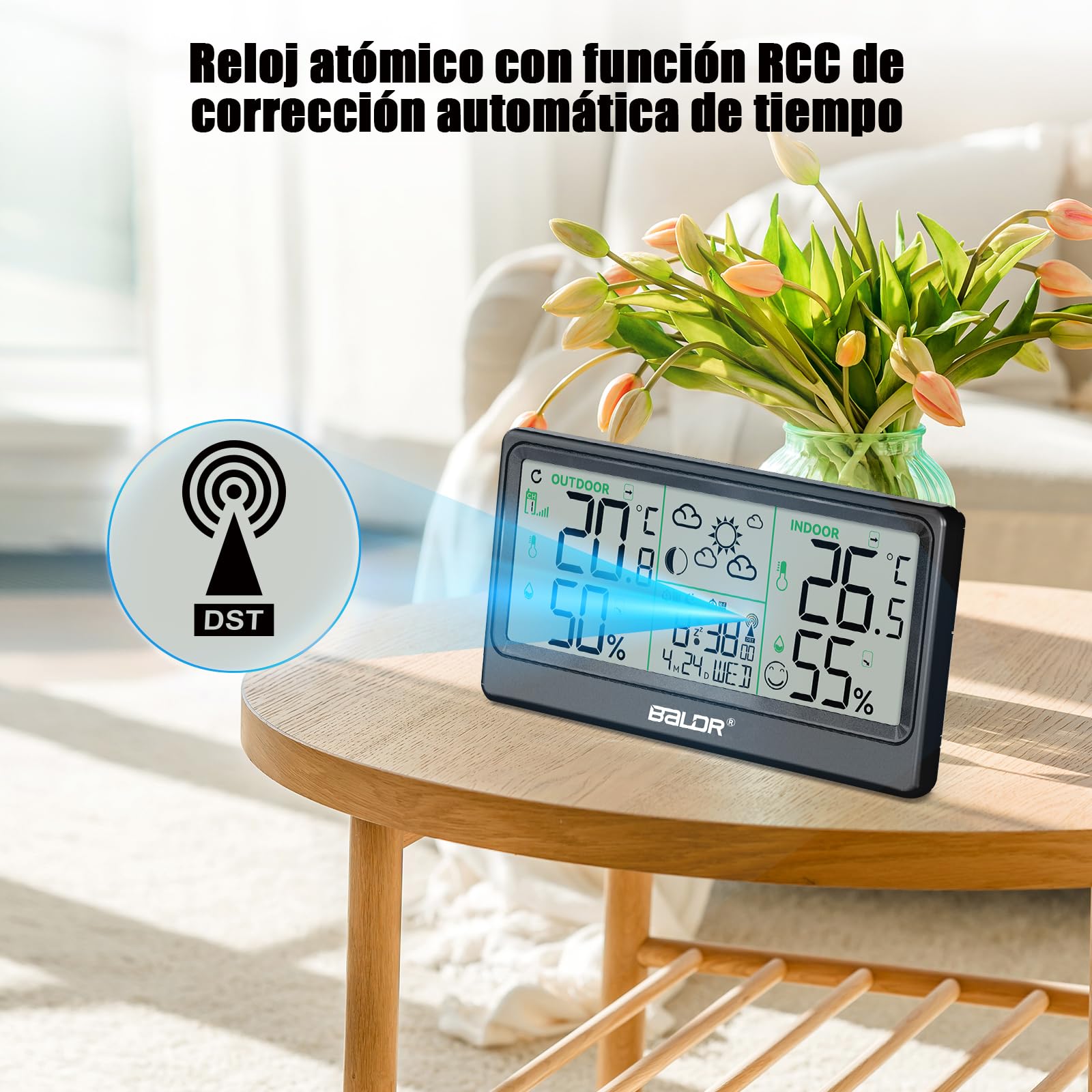 Estacion Meteorologica Inalámbrica, 8.5" Termómetro Higrómetro Barómetro Interior Exterior Reloj Atómico Pronóstico del Tiempo Reloj Digital Alarma Función de Repetición Pantalla de Hora Fecha Día