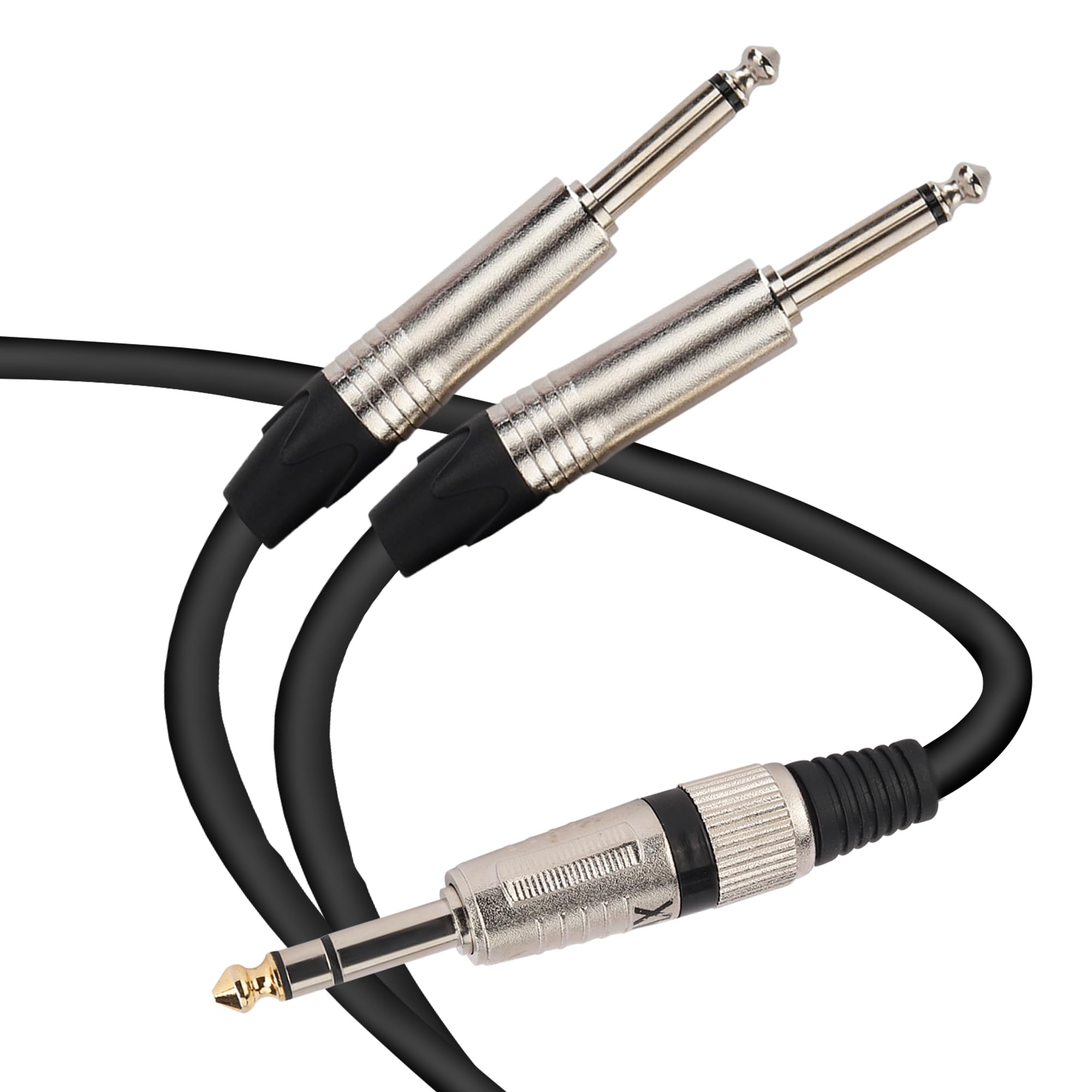 MX P‑38 30 cm Mono Right‑Angle Guitar Patch Cable – Pancake TS Male‑to‑Male, Deluxe Pedalboard Instrument Cable, Black (P-38 male to 2 P-38 Mono male, 1.5 MTR)