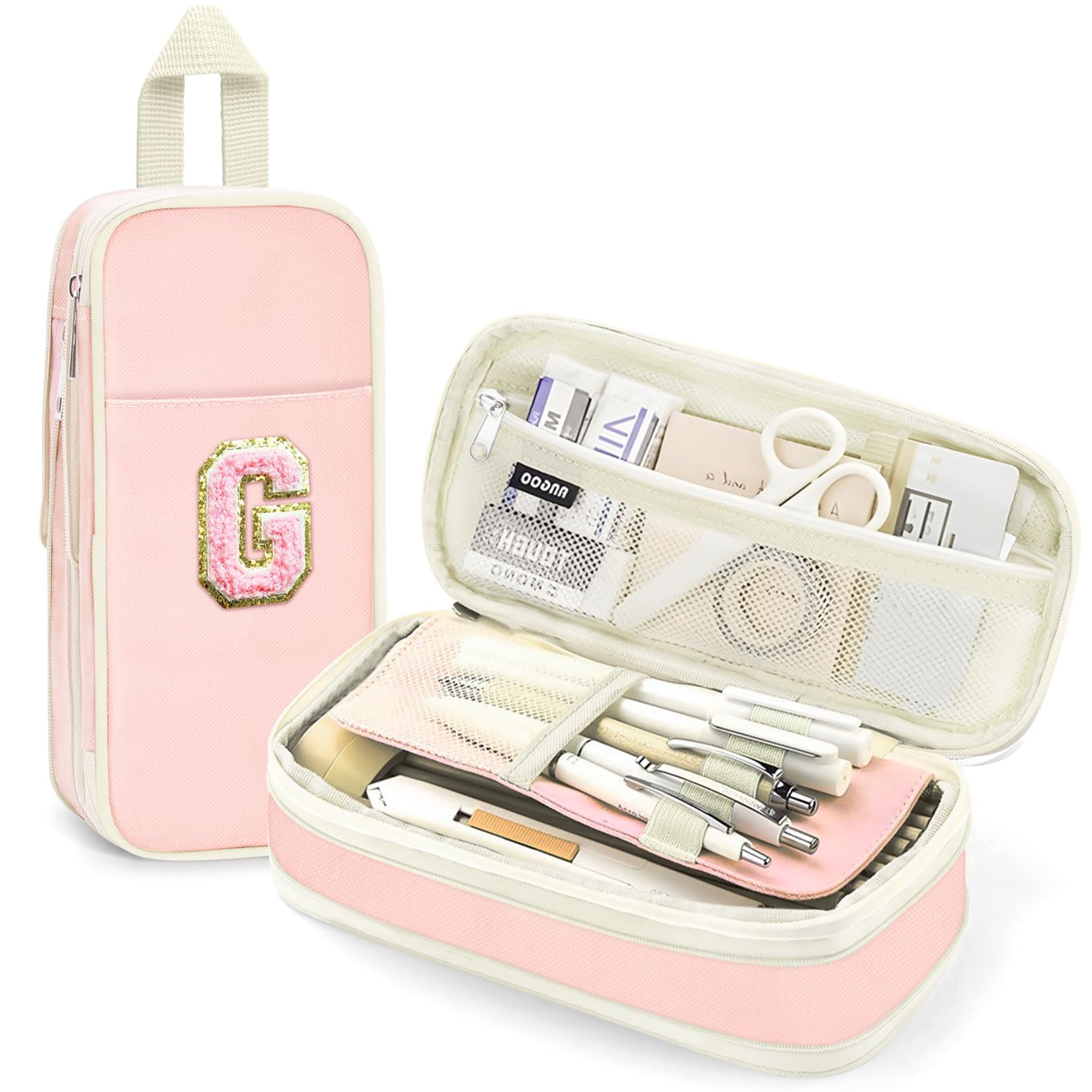 Fitvc Preppy Pencil Case for Girls, Large Initial Pencil Pouch for School Supplies, Portable Pink Pen Bag with Zipper, Cute Aesthetic Pen Box,