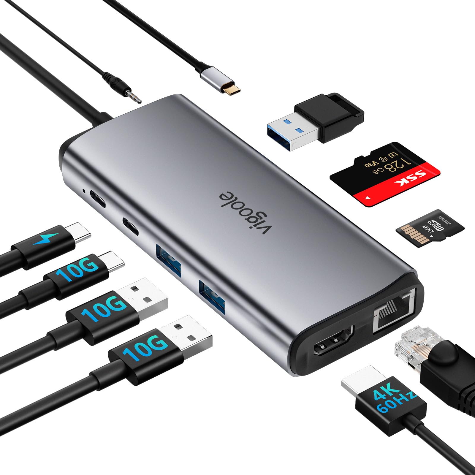 USB C Hub for Laptop, 10Gbps USB-C Dock with Ethernet, HDMI 4K 60Hz, 10 in 1 MacBook Docking Station Multiport Adapter for USB C Laptops/Devices with HDMI, USB3.2, SD/TF, 100W PD, 3.5mm Headphone