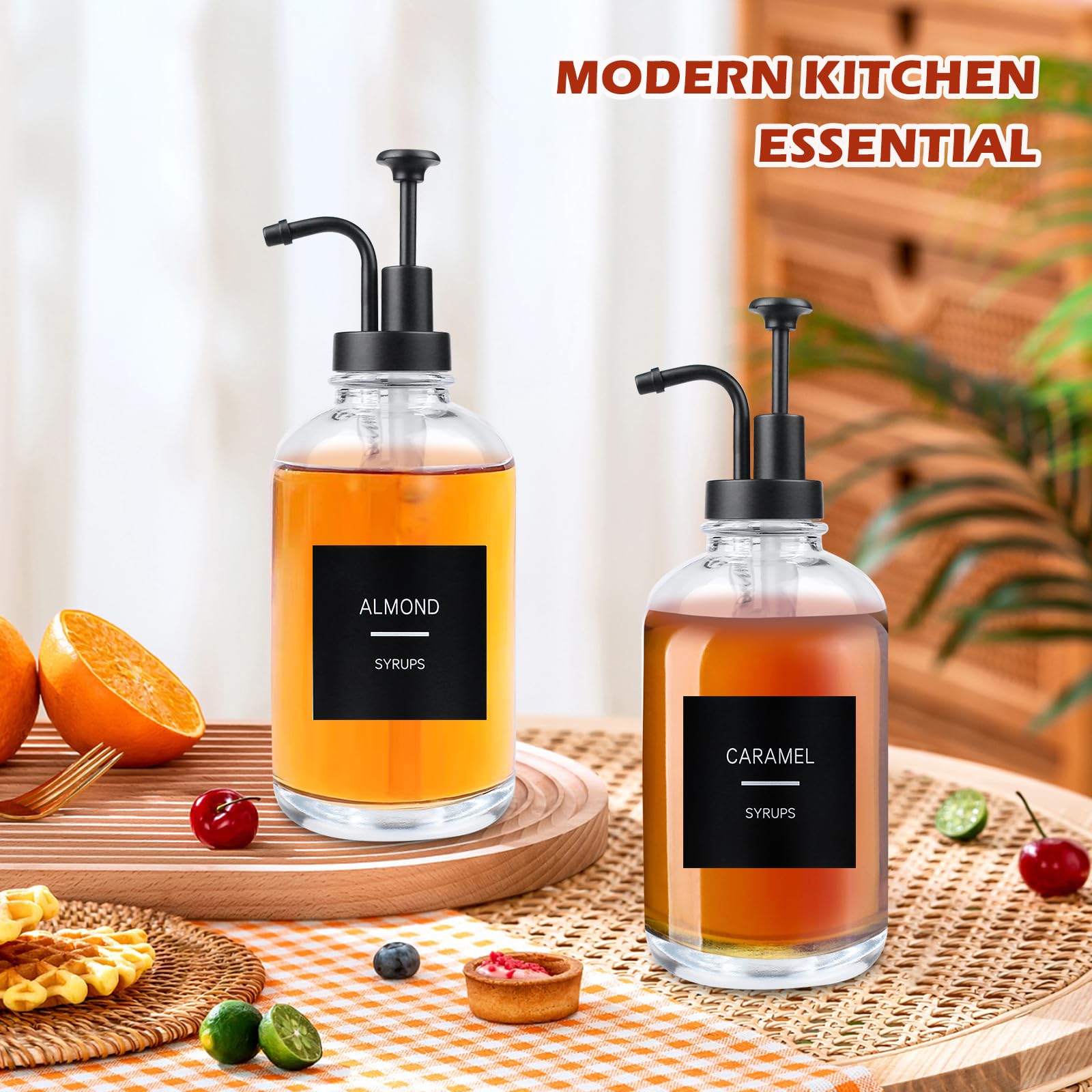SUNOYA Dozownik syropu do kawy, dozownik syropu do kawy, butelki z pompką, ocet i olej, butelka na oliwę z oliwek, z naklejką, lejkiem, 500 ml