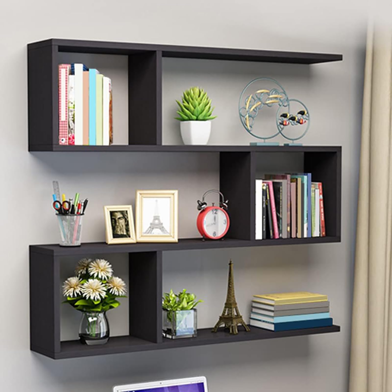 SUZEPER 3 Tier Wood Geometric Bookcase,Floating Shelves Wall Mounted Rectangle Bookcase,Modern Decorative Display Shelf for Wall Decor,Open Wall Shelf
