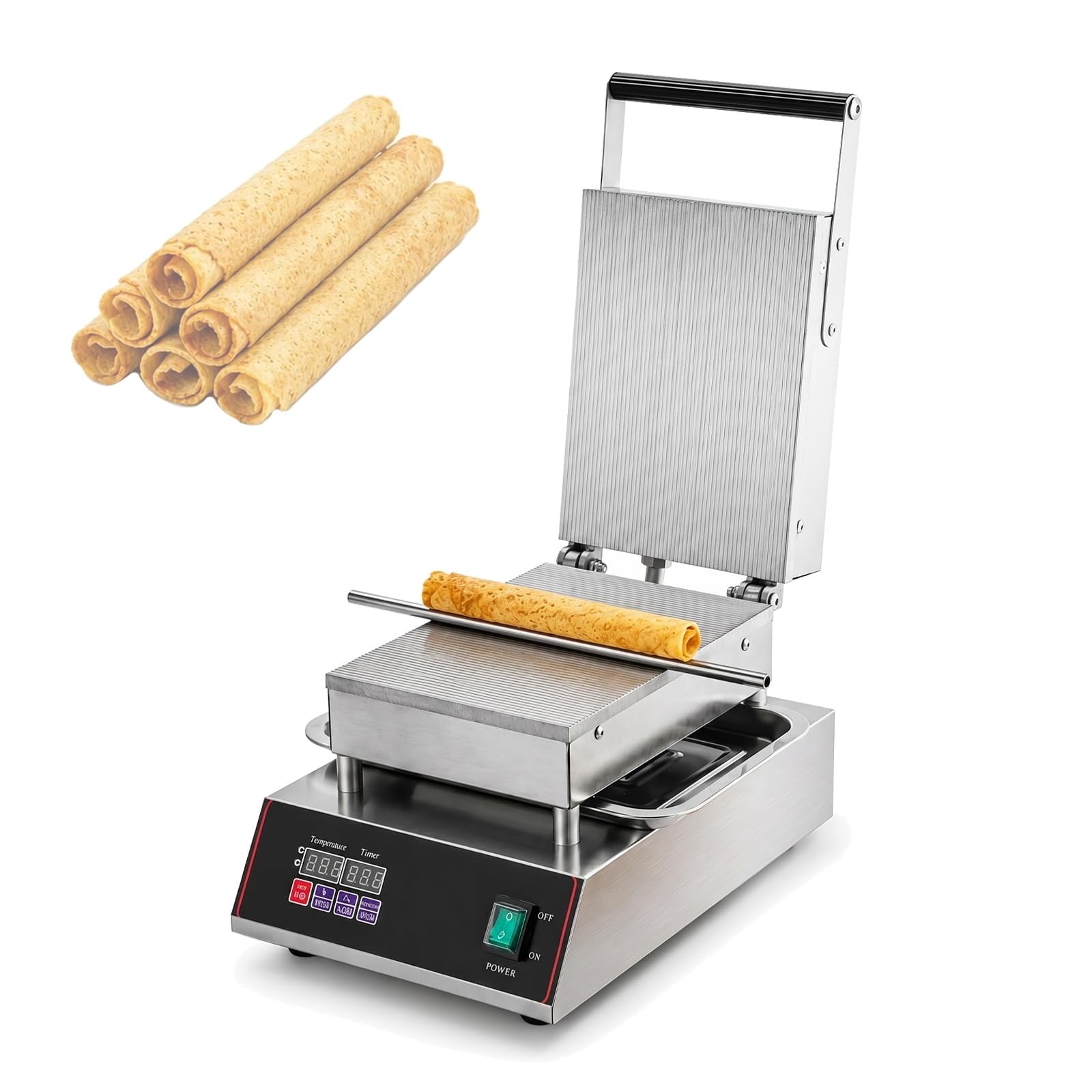 Máquina eléctrica comercial para hacer rollos de huevo, de acero inoxidable, para hacer conos de waffle crujientes, con temporizador de 0 a 9.99 minutos y calentamiento por ambos lados