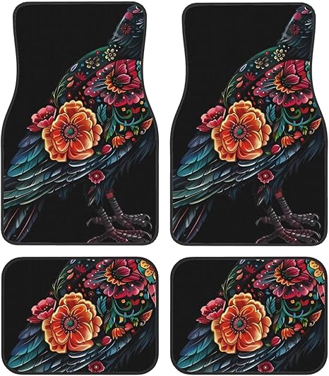 Car Mats Set of 4 Crow in Sugar Skull Flower Pattern Floor Mats for Cars Universal Front Rear Vehicle Rugs Auto Accessories for Truck Sedan
