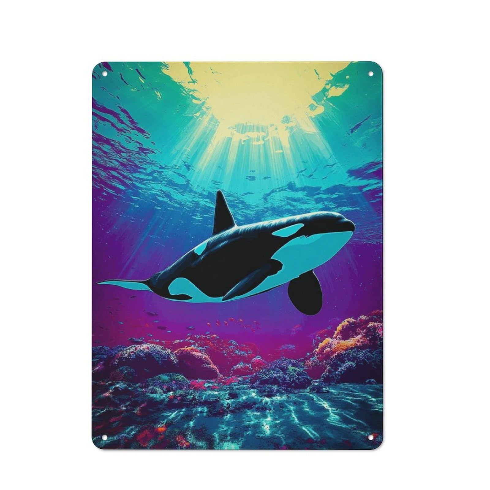 Junmoney Orca Swimming In Vibrant Coral Reef Rustic Metal Wall Decor 40X30cm, Decorative Tin Sign For Farmhouse Kitchen, Pantry Or Dining Area