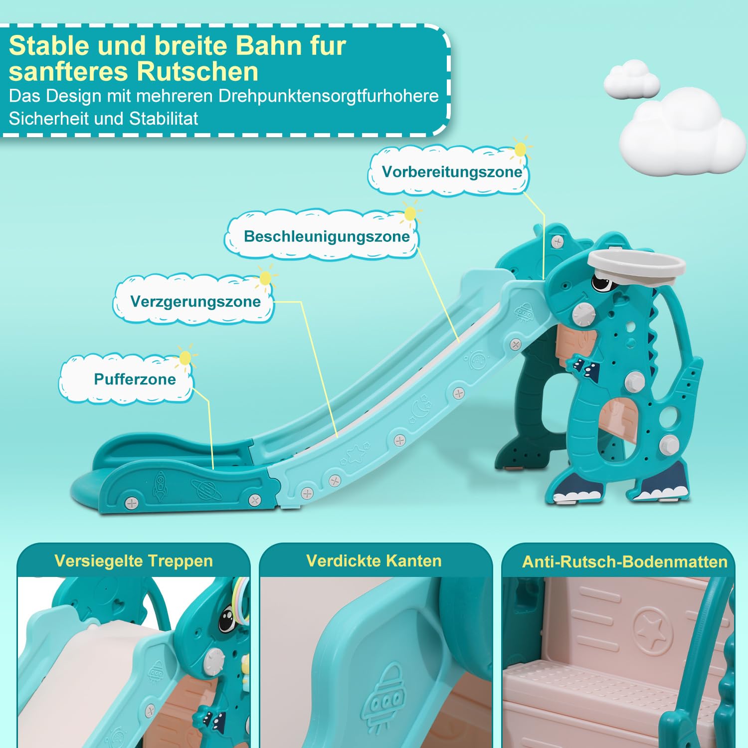 Scivolo per bambini 4 in 1 – con Cestino da basket & Giochi educativi, Scivolo pieghevole per interni ed esterni, da 1 a 3 anni, Verde