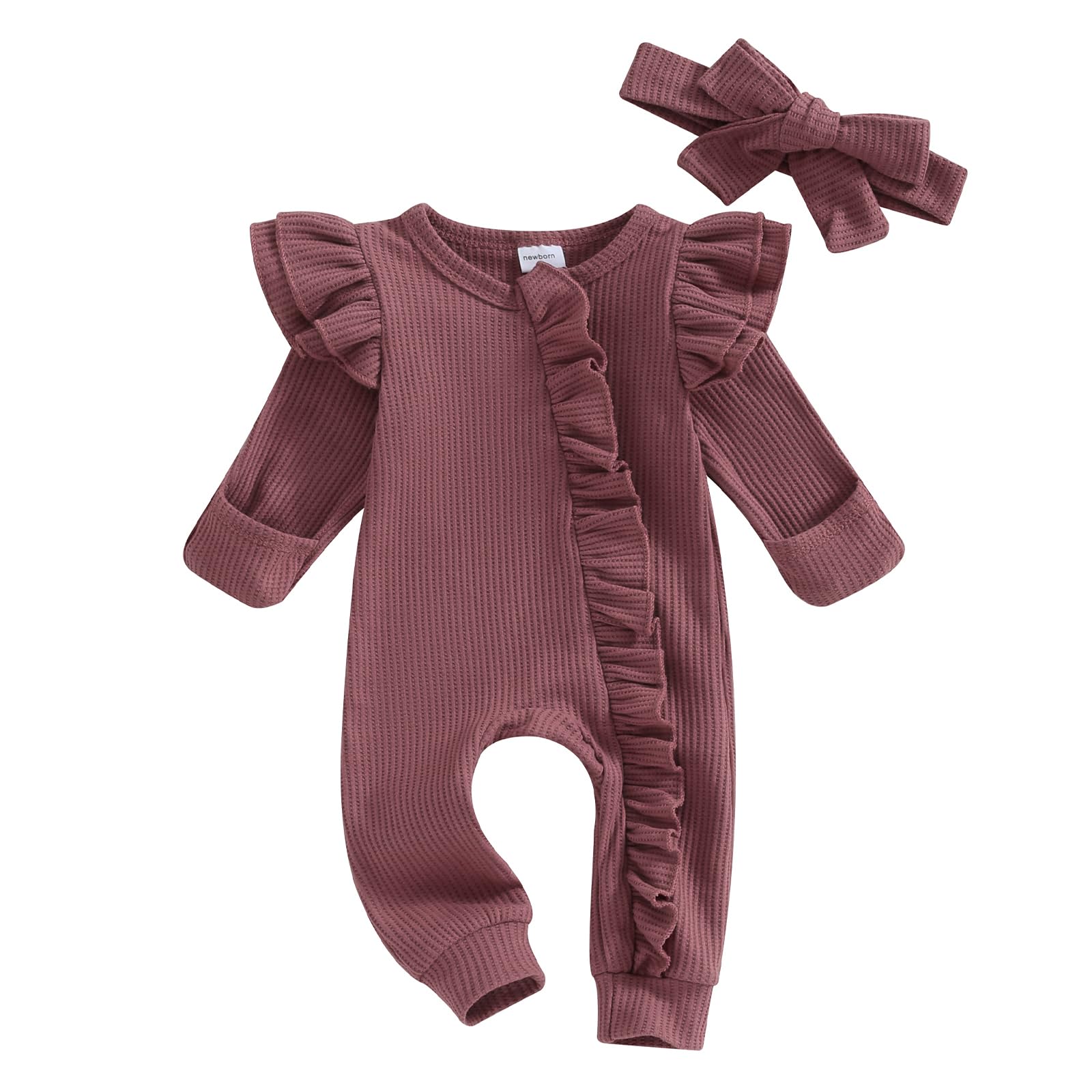 Twopumpkin Newborn Baby Boy Girl Knit Jumpsuit Romper Coming Home Outfit Infant Fall Winter Spring Clothes with Hat (Ruffle Waffle Knit Purple)