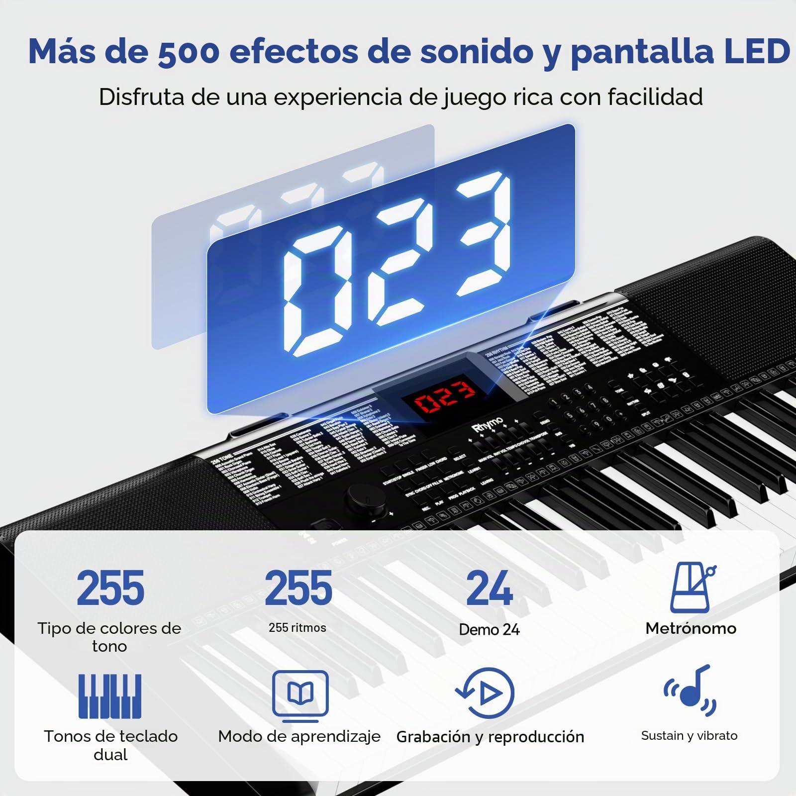 Piano de teclado de 61 teclas para niños, principiantes y adultos con soporte de partituras, calcomanías de notas de piano, micrófono, 255 voces, 255 ritmos, teclado de música electrónica, alimentado