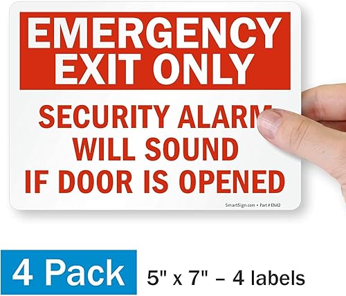 Miniatura 3 de SmartSign Paquete de 4 etiquetas adhesivas de 5 x 7 pulgadas con texto en inglés "Solo salida de emergencia, alarma de seguridad sonará si se abre