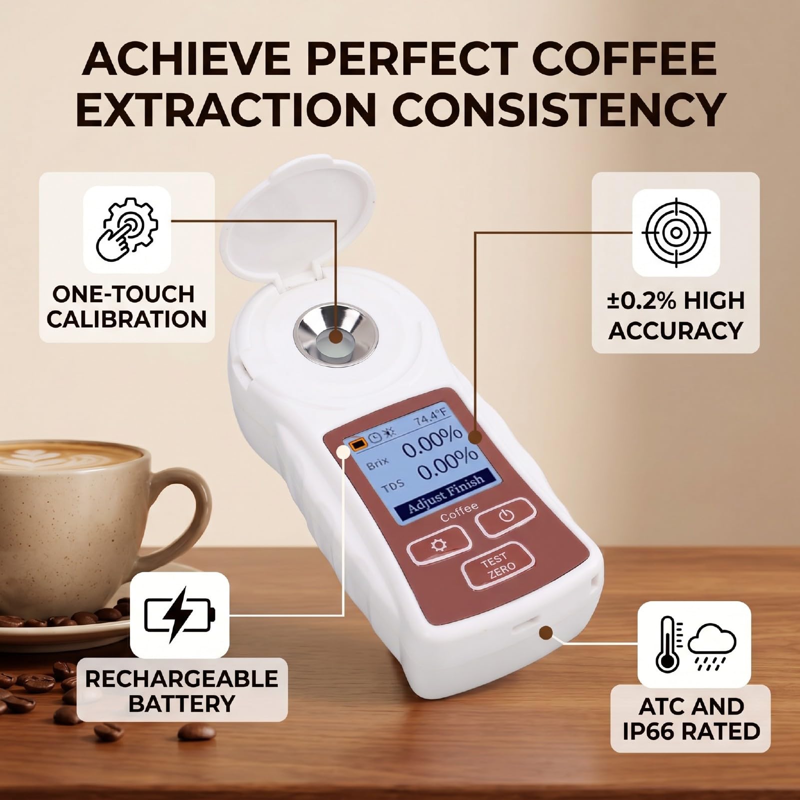 Annadue Refractómetro Digital TDS con Medidor ATC de Brix de café 0-22% ±0,2% Recargable para Extracción de café, Prueba de Triple Parámetro con Compensación Automática de Temperatura, Prisma Sellado