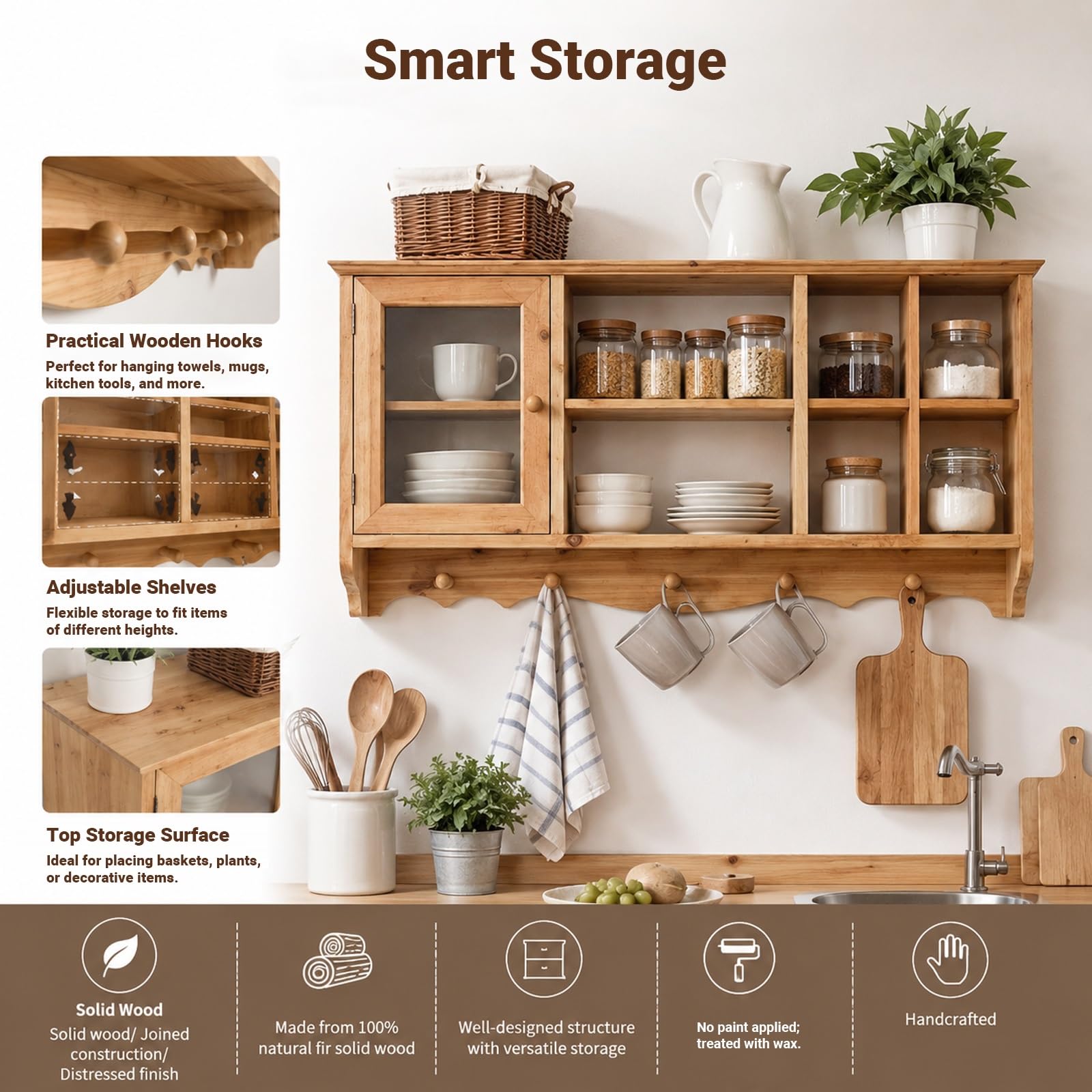 Mensola A Sospensione In Legno Con Porta,Armadietto Parete Multiscomparto,Espositore Salvaspazio Per Soggiorno,Cucina, Camera E Ufficio(15)