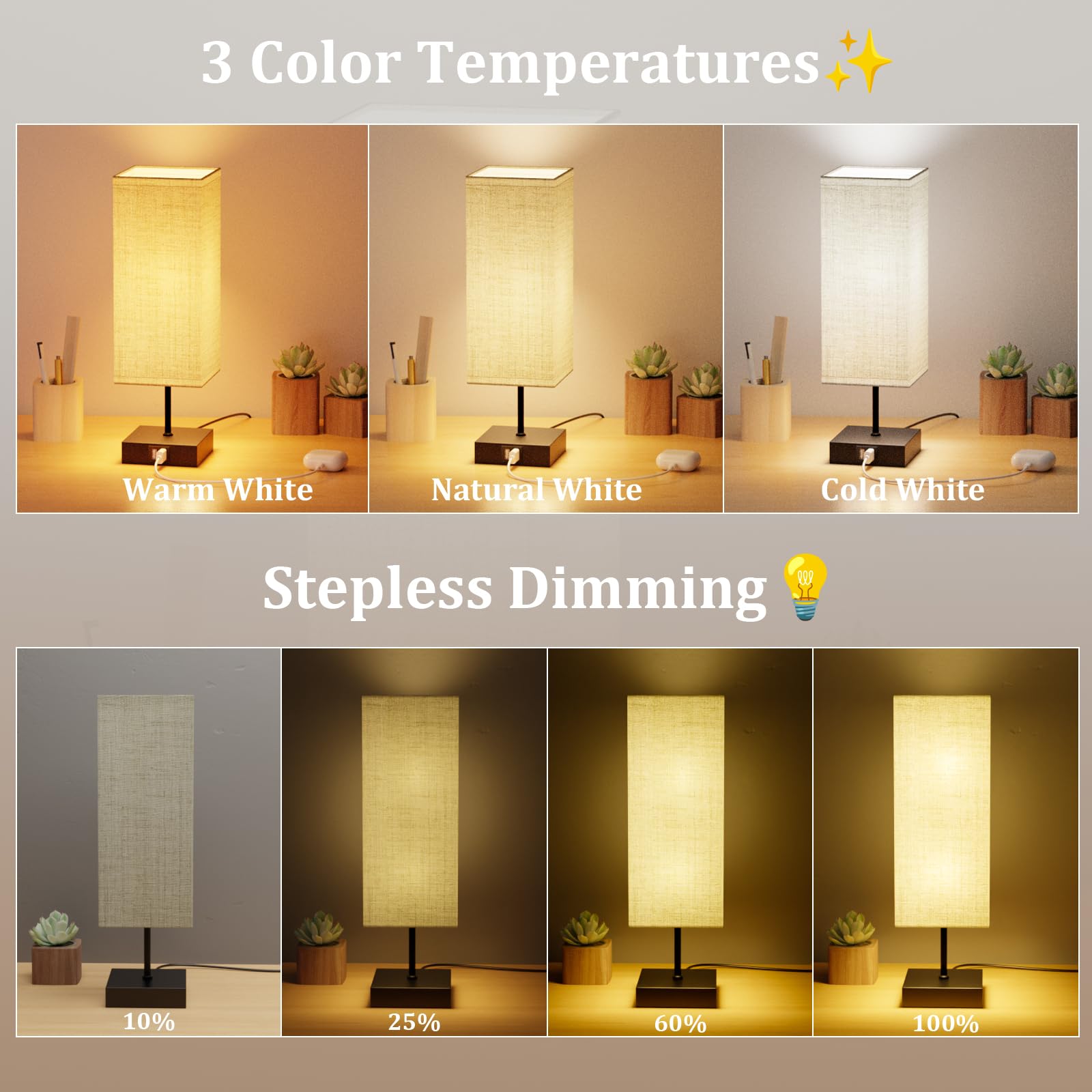 Lámparas de Mesita de Noche Control Táctil, Bedside Lamp con 3 Temperaturas de Color y Regulable, 2 Puertos USB de Carga, 2 x 6W E27 Bombillas, ideal para Dormitorio, Sala de Estar y Oficina