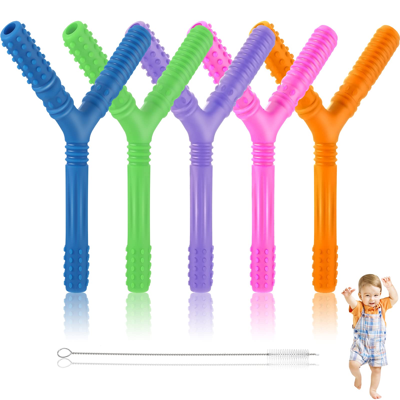 Nuanchu 5 Pieces Hollow Teether Tube Teething Toys Y Shape Toddler teether Silicone Molar Teether Soft Baby Teething Straw with 3 Pieces Cleaning Brushes for 6-12 Months Baby Chewing Teeth Grinding