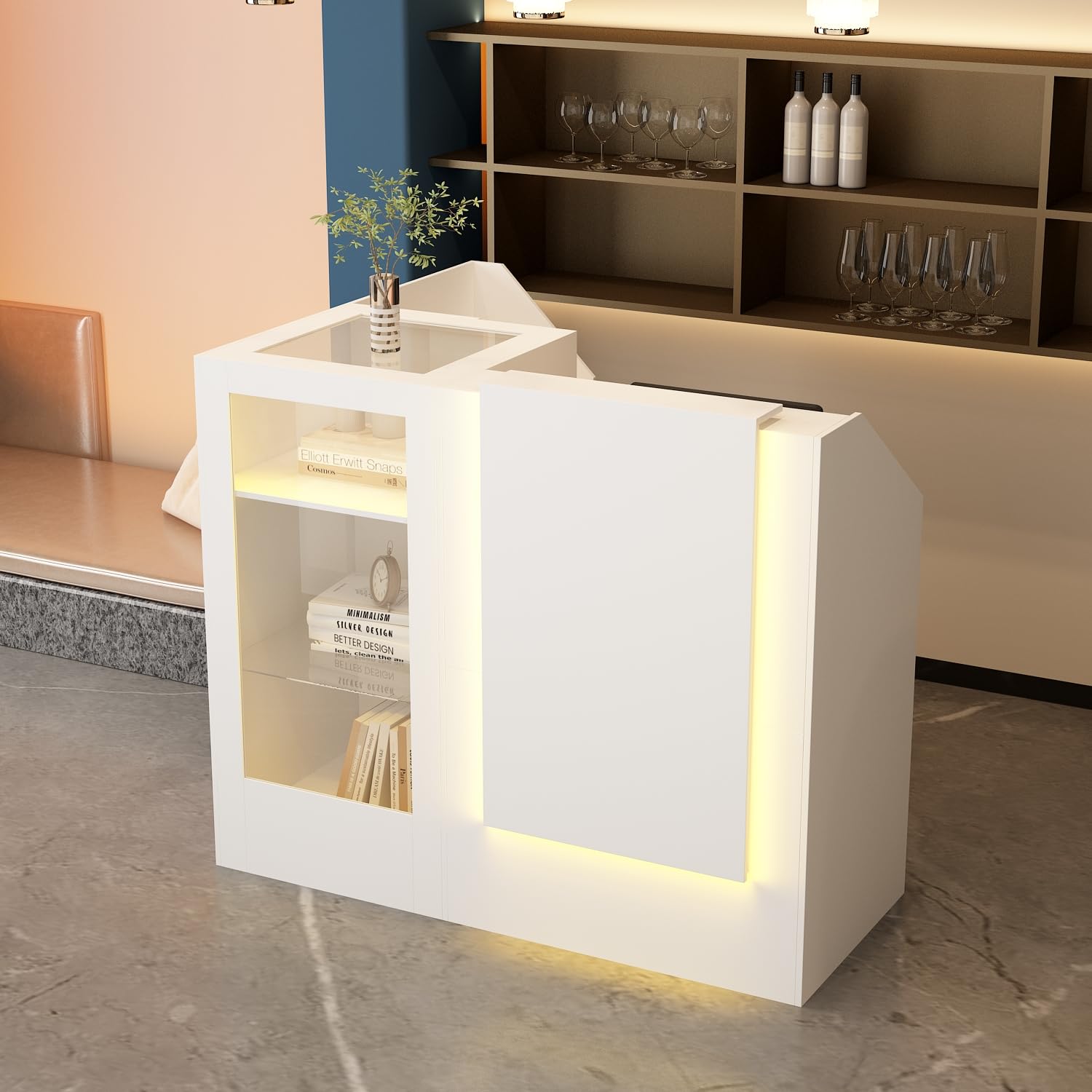 Banco di ricezione ad angolo bianco, con cassetto della tastiera e 2 armadi, cassette con strisce luminose, cassette di ricezione con piano in vetro temperato, tavolo da reception, 120 x 122 x