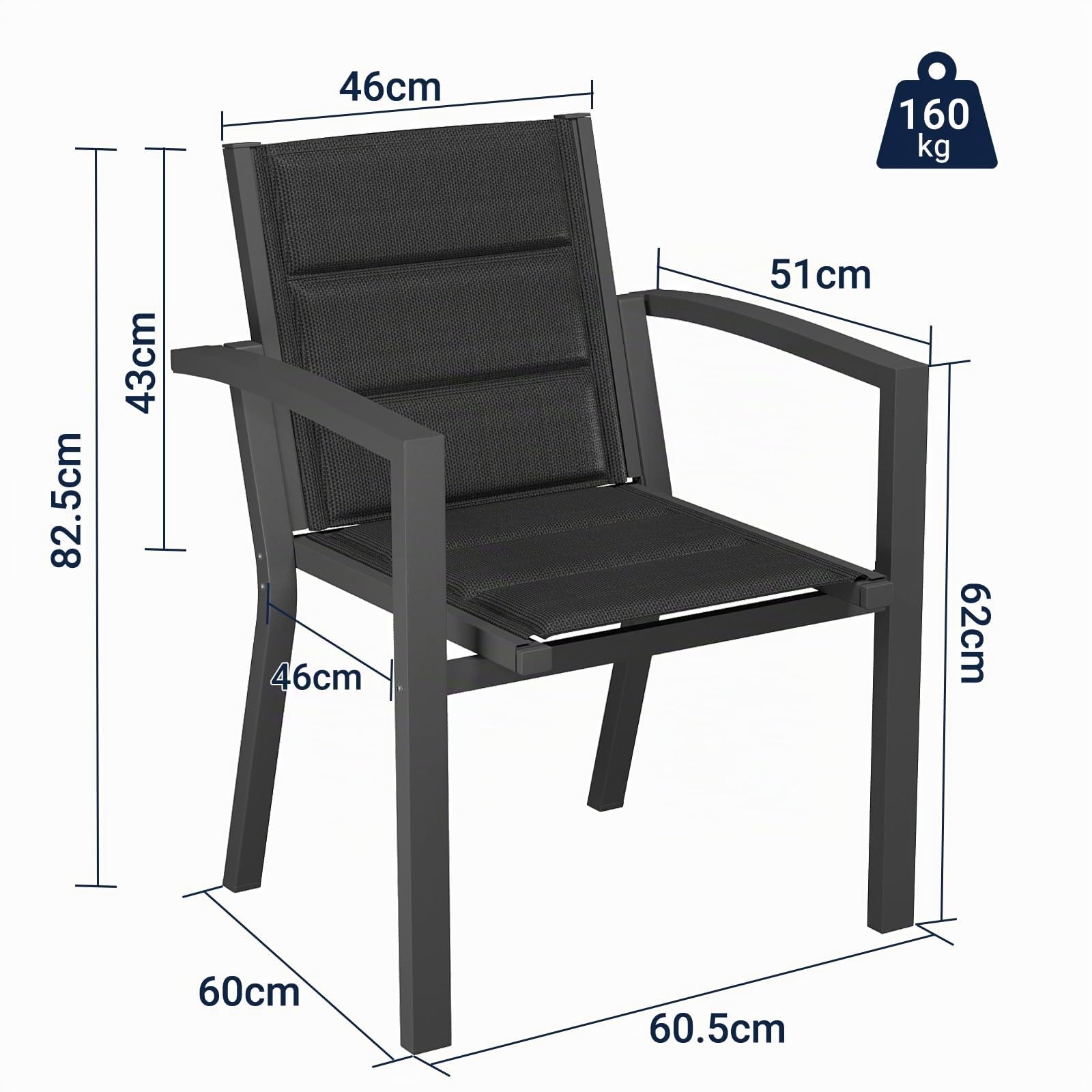 JUMMICO Gartenstuhl Stapelbar, 2er Set Aluminium Gestell mit Komfortsitz aus Textilene, Gartenstühle mit Armlehnen für Balkon und Terrasse
