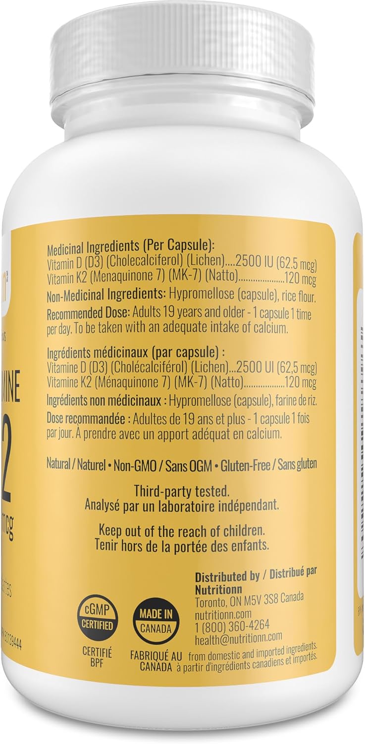 Vitamin D3 K2 Supplement - 2500 IU D3, 120 mcg K2 MK7 x 124 Capsules - Plant-Based, Vegan - Prevents Deficiency, Supports Bone Health in Women and Men - Made in Canada, Third-Party Tested - Nutritionn - Image 5