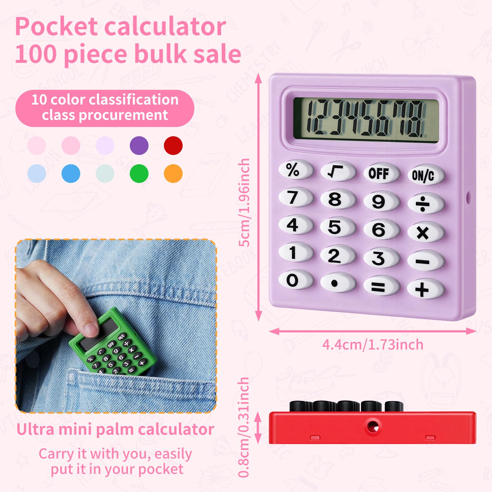 Lot de 100 petites calculatrices de poche à 8 chiffres pour étudiants, enfants, enseignants, école, bureau, maison (10 couleurs)