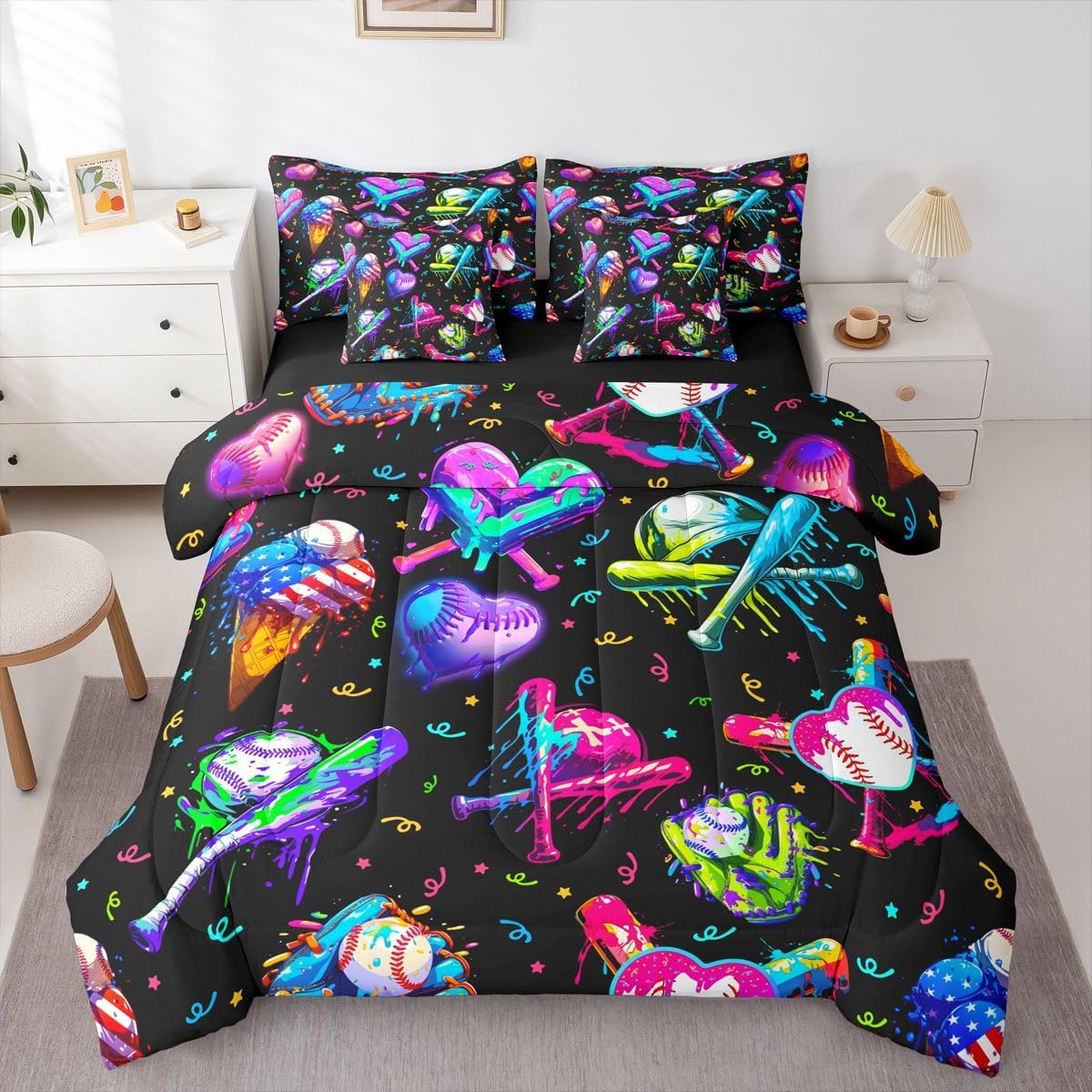 Kids Baseball Cream 7 Piece Bedding Set Queen Size Ice Cooling Bed in a Bag For Boys Girls Teens Bedroom Decor Baseball Gaming Comforter Set with Sheets,Pillowcases & Cushion Cover Sports Microfiber