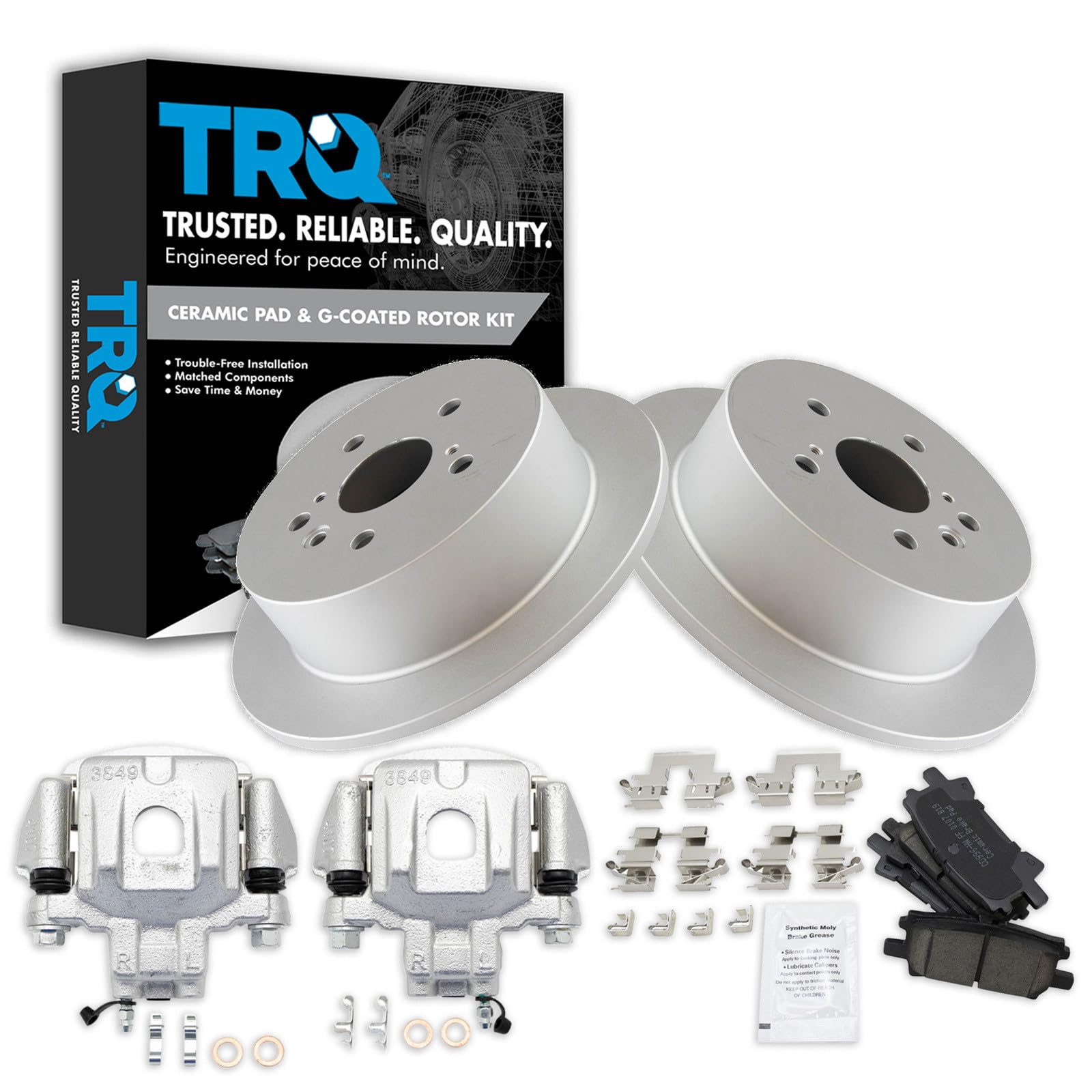 TRQ Rear Brake Pad and Rotor Set Ceramic G Coated Rotors Calipers