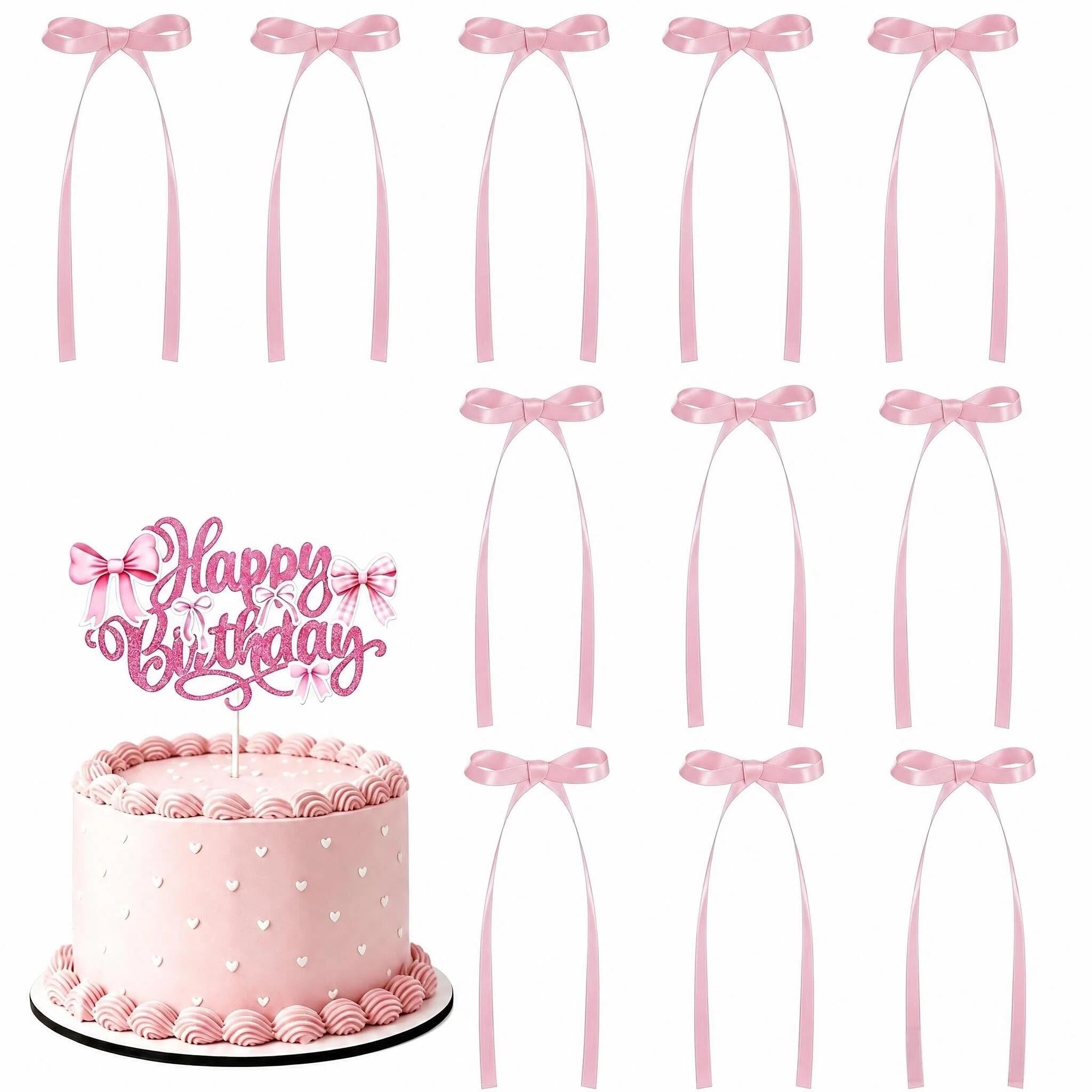 LumaHaven 13Pcs Pink Bow Cake Topper Set