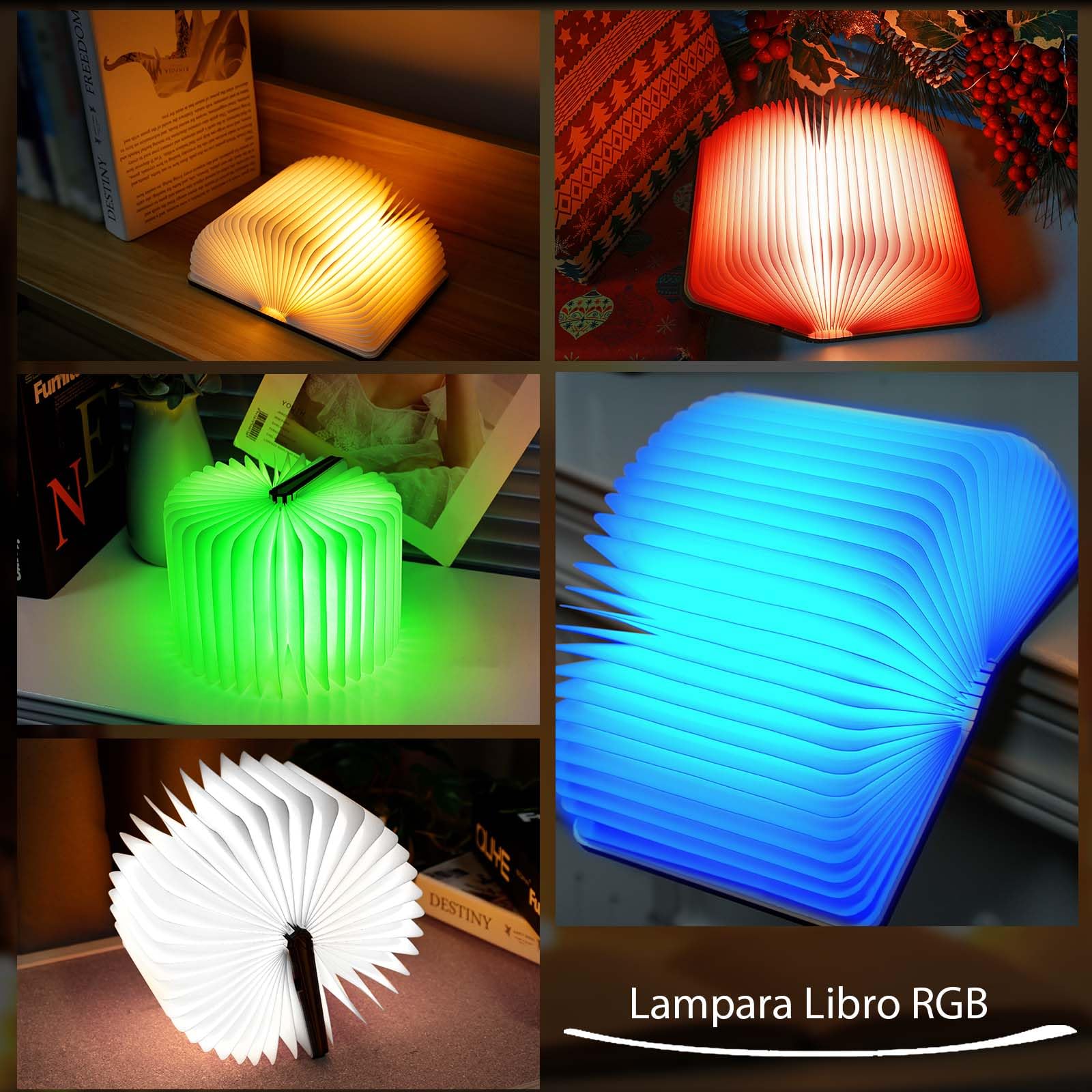 TRUMPETS Lampada Libro Led Pieghevole in Legno Mood Lights, Luci notturne 2500mAh Ricarica USB-C, Idea Regalo Originale Compleanno e Natale (12cm | RGB)
