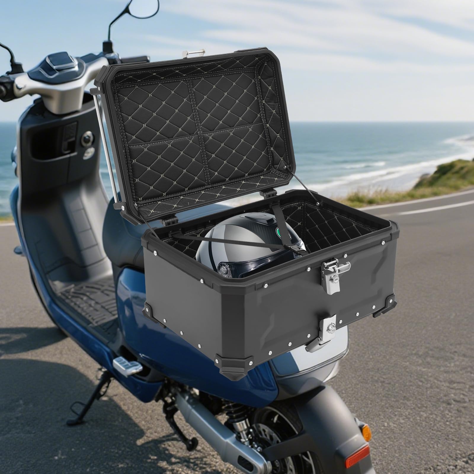 Topcase - Maleta para moto, 65 L, aleación de aluminio, resistente al agua, antirrobo, universal, con cerradura de seguridad para casco, impermeable