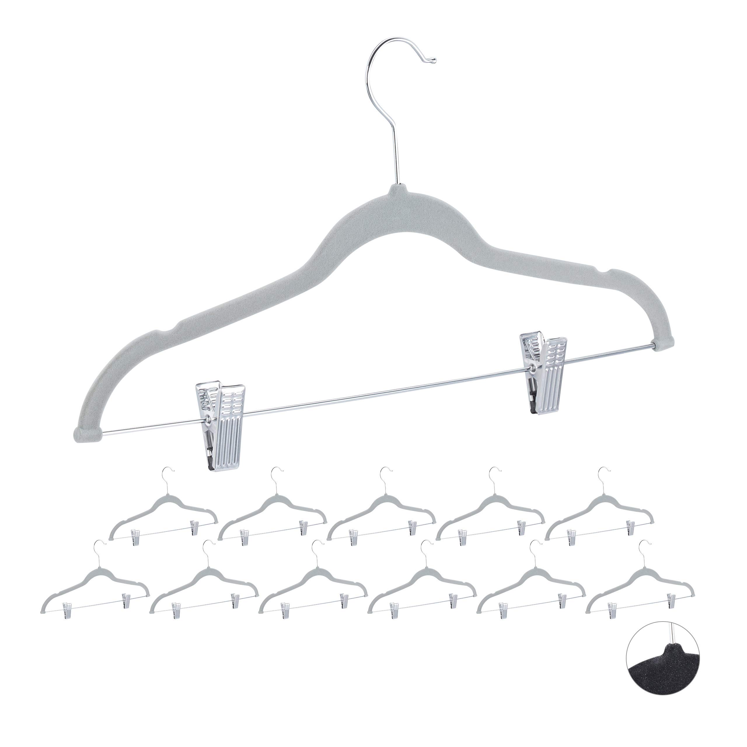 Relaxdays Velvet Coat Hangers with Clamps, Set of 12, 360° Swivel Hooks, Trouser Rail, 43 cm, Grey, Iron, 22.5 x 43 x 2.8 cm