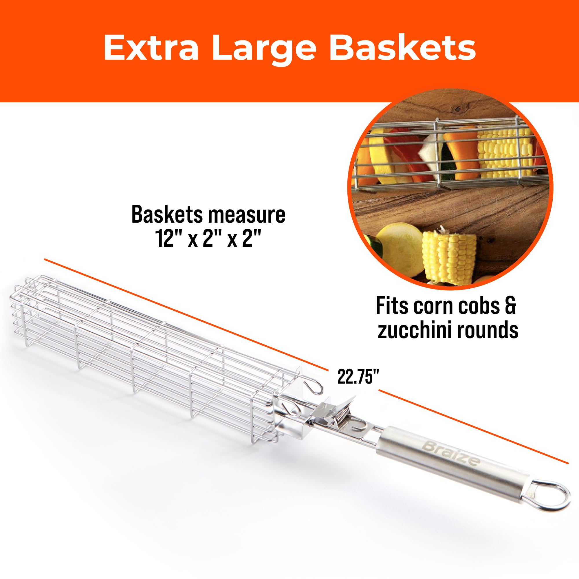 Braize Large Kabob Grilling Basket with Removable Handle. Stainless Steel construction with a Larger Capacity (12 x 2 x 2) and secure easy-latch lid. (2-Piece Kabob Basket Set)