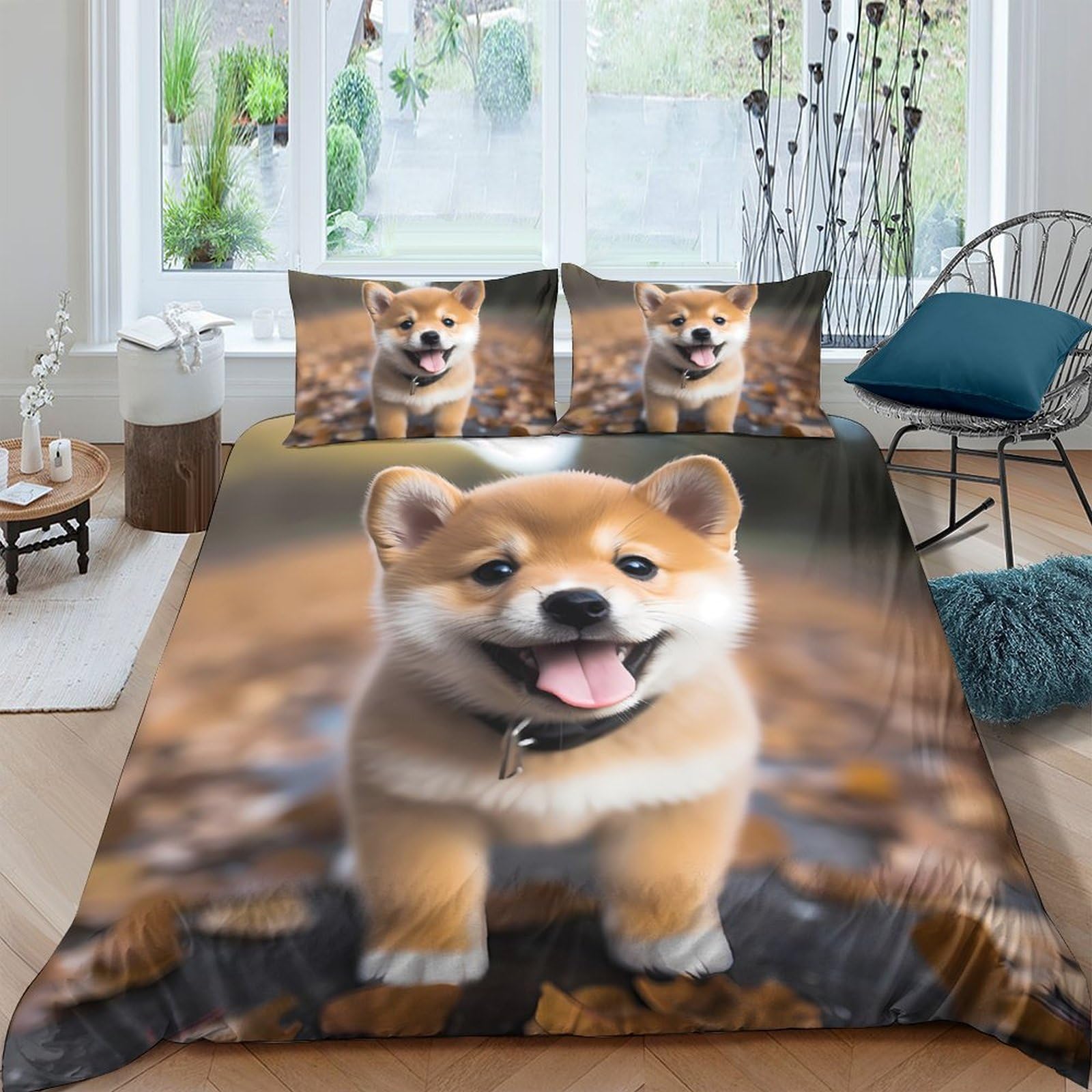 Ctjqhvkz Style-1 3D Printed Shiba Inu Puppy Fitted Sheet Microfiber Soft Brown Autumn Leaves Bed Cover For Bedroom Dorm Decor Single（135X200cm）