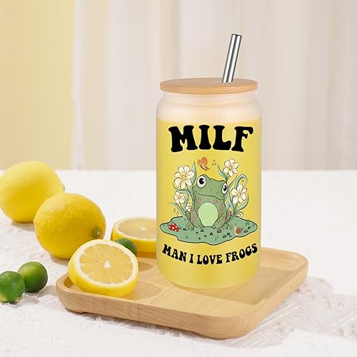 Miniatura 5 de Fairy's Gift Bonita taza de rana, taza de café helado, taza de vidrio esmerilado de 16 onzas con tapa y popote  Man I Love Frogs  Navidad temática