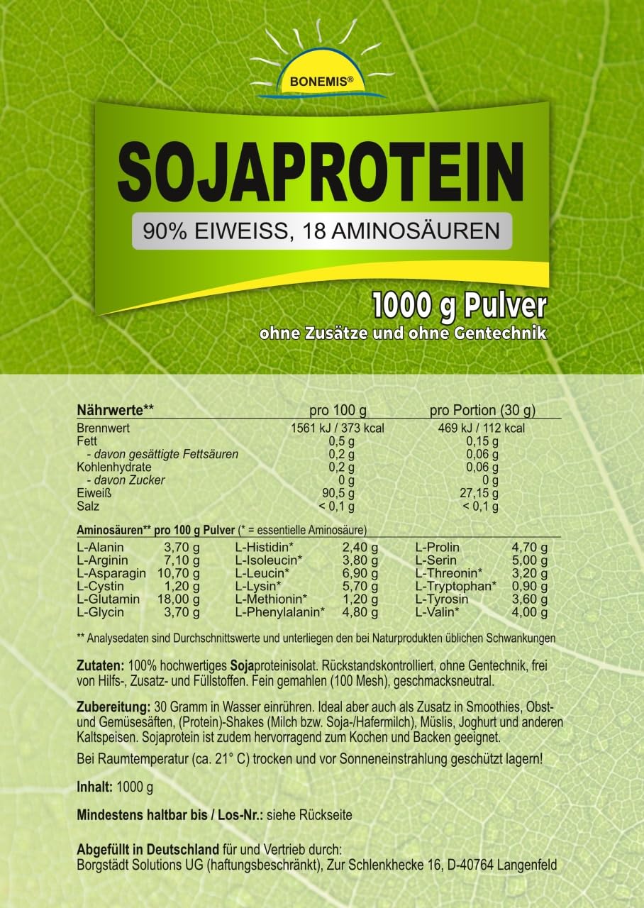 Sojaprotein (90% Eiweiß, 18 Aminosäuren, vegane Premiumqualität), 3x 1 kg im Beutel, ohne Zusatzstoffe