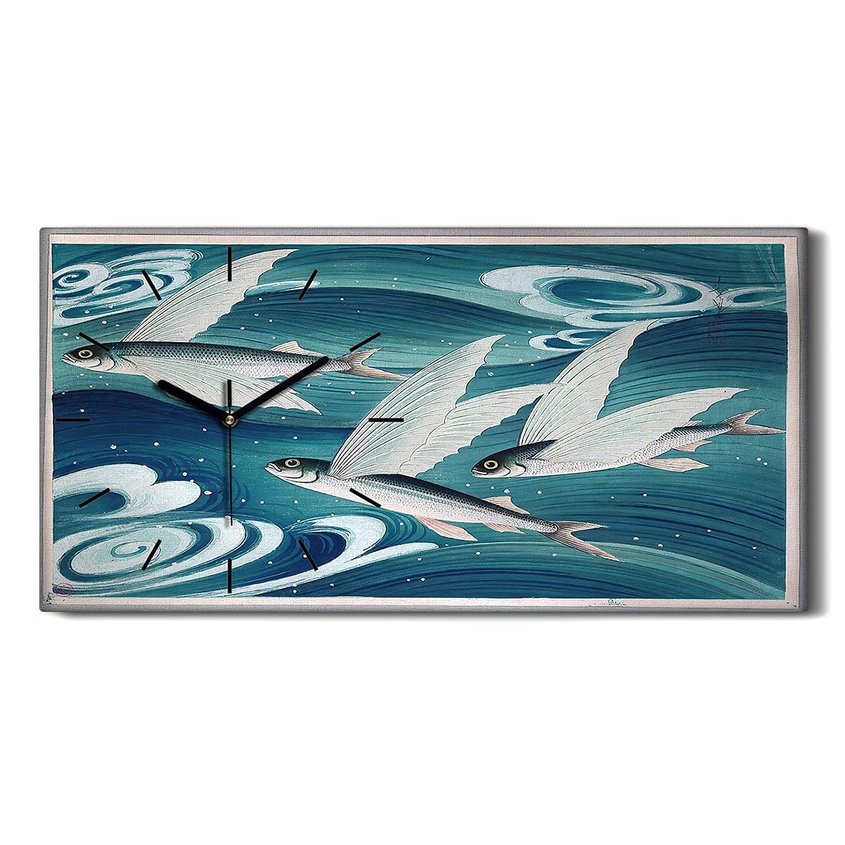 Horloge sur Toile Fine Art Poisson Japonais Moderne 60x30cm avec Aiguilles Noires