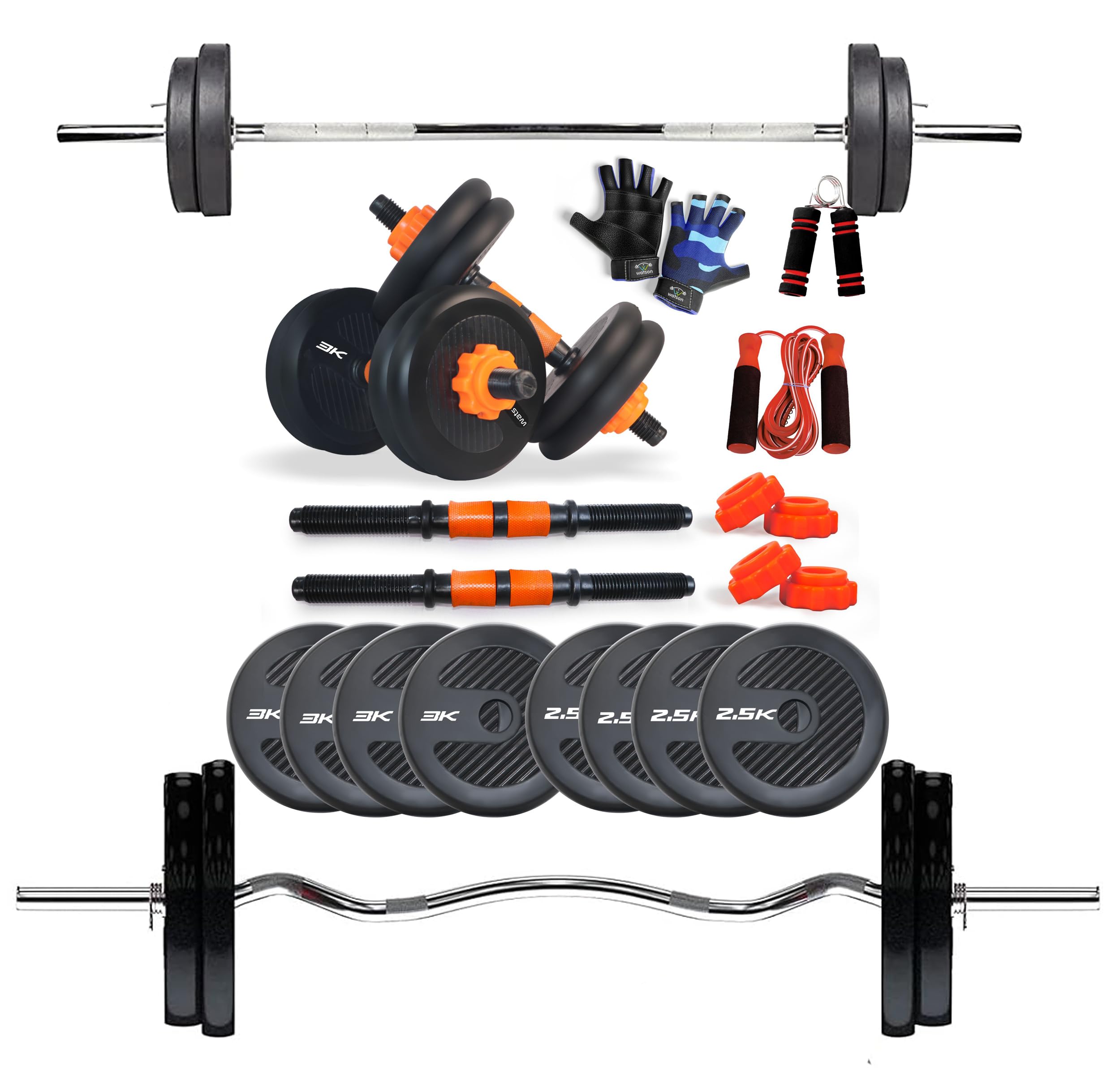 WATSON Premium Home Gym Set for Men & Women, Home Gym Combo with Rubber Weight Plates, 25mm 3Ft Curl bar, 3Ft Straight Bar, Hard PVC Dumbbell Rods, Gripper, Skipping Rope & Gym Gloves (22 KG COMBO) (B0D73F9H5X) Amazon Price History, Amazon Price Tracker