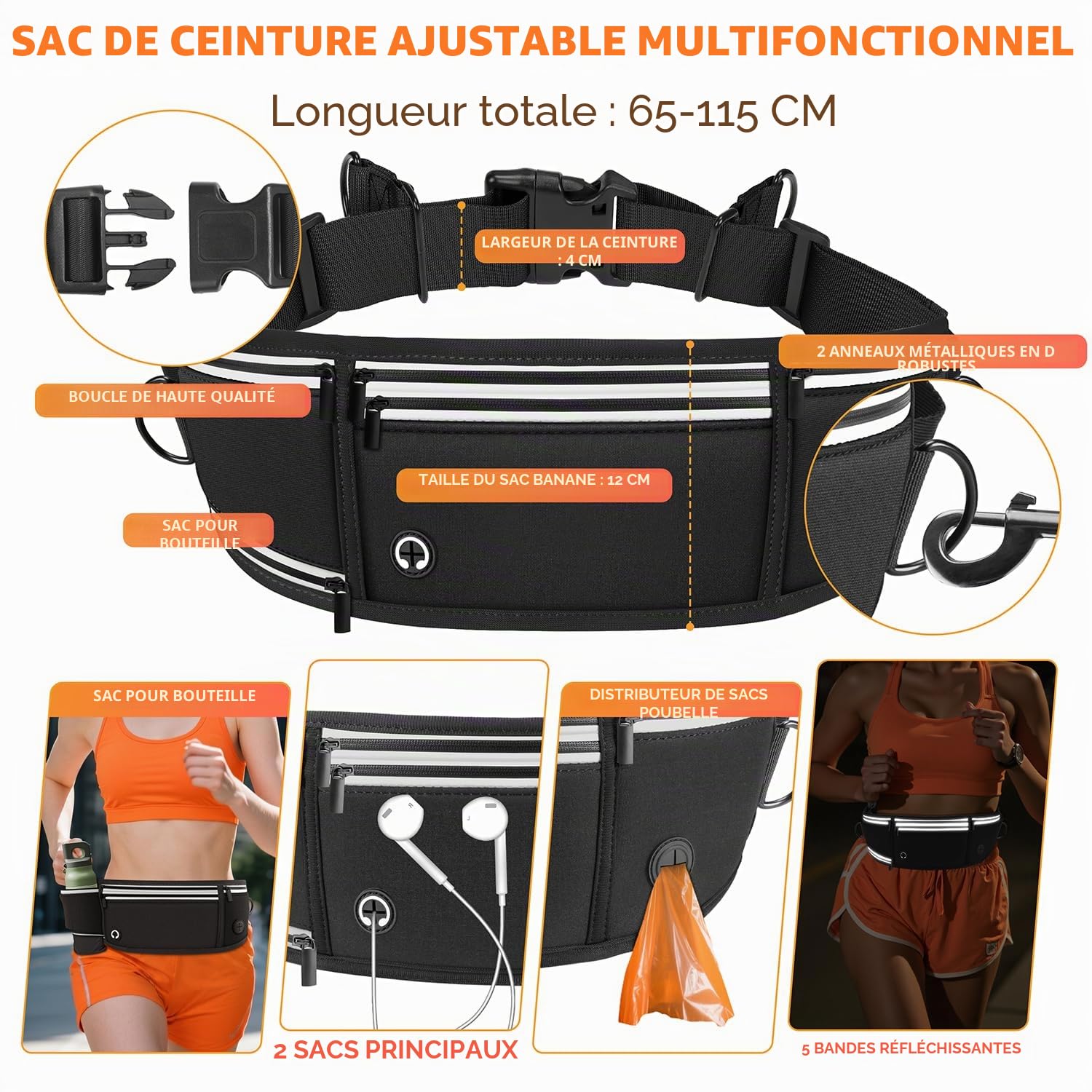 Laisse Canicross Chien, Laisse Main Libre pour Chiens, Longe de Jogging Élastique 160-220cm, Anti-tirons, Réfléchissant, Ceinture Réglable, Double Poignée pour Course à Pied, Marche
