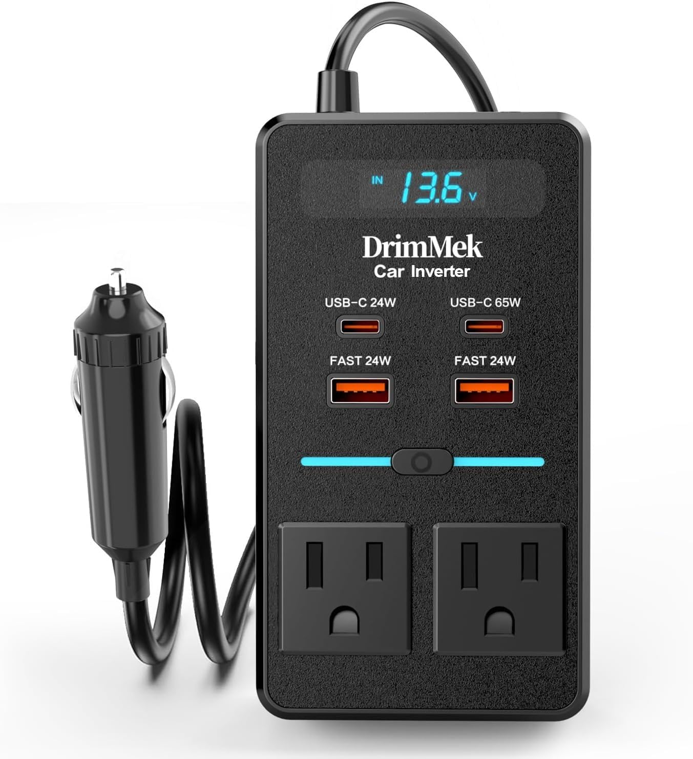 300W Car Power Inverter, DC 12V to 110V AC Car Plug Adapter with LCD Display, 65W USB-C Fast Charging, 24W USB-C & 3.0 USB-A Ports, Portable Car Charger with Switch Control Converter for Laptops