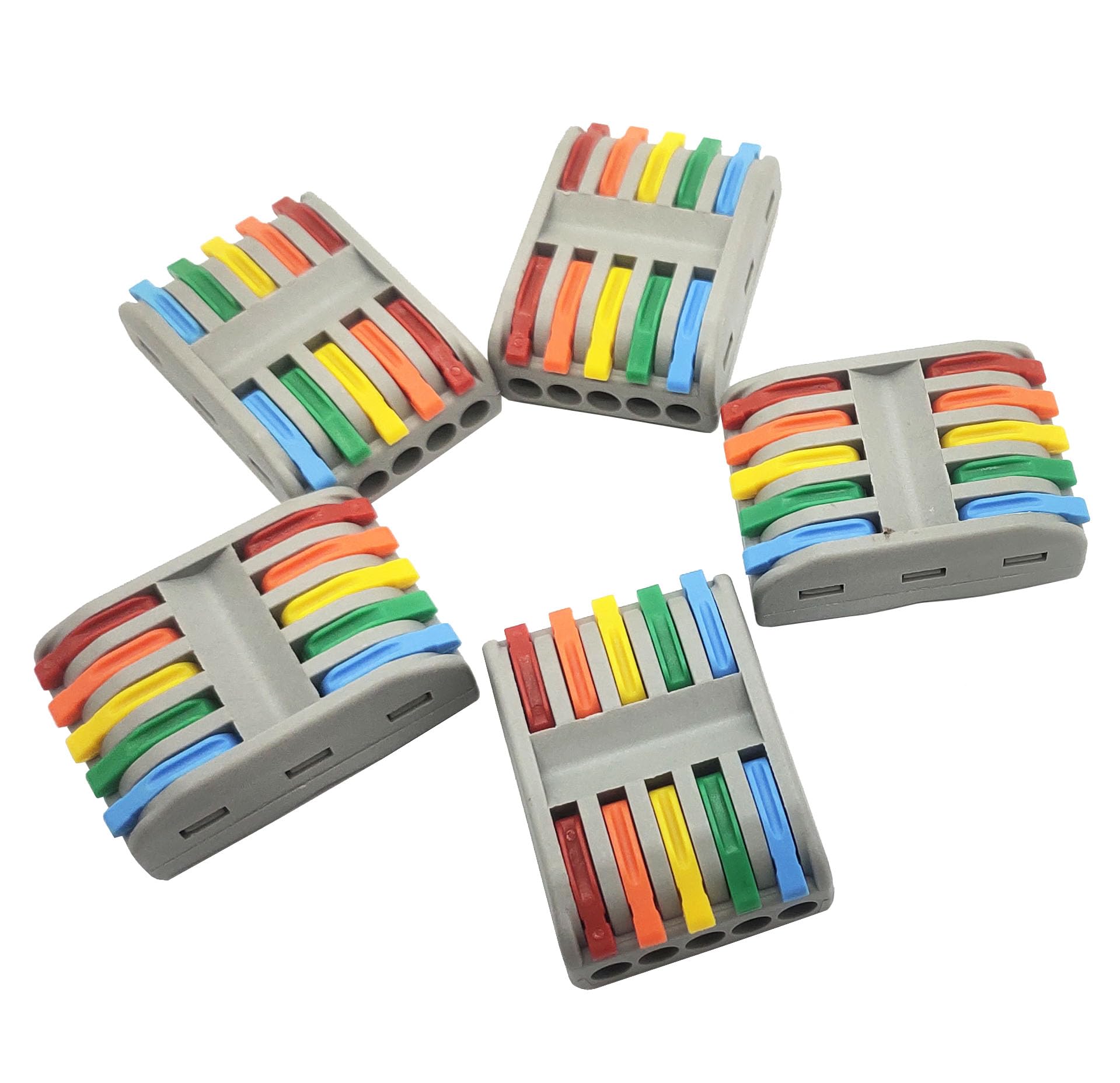 MTUERANC Compact Lever Wire Nuts Connectors - 5 Into 5 Out Splicing Wire Terminals, Color Valve In-Line Connector for Quick Connect 28-12 AWG (SPL-5