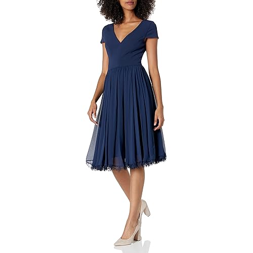 Dress the Population Women's Corey Plunging Mix Media Cap Sleeve A-line Midi Dress