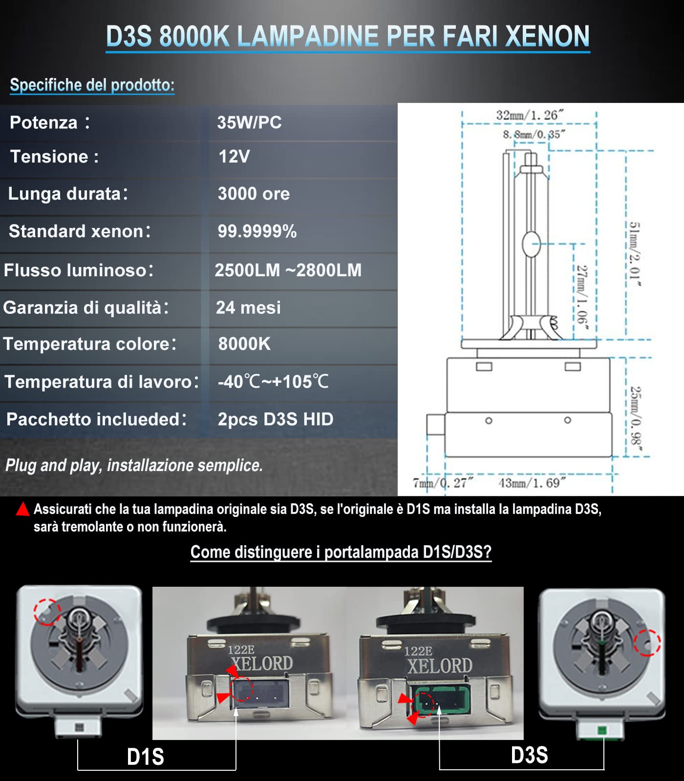 XELORD D3S 8000K Xenon Lampada 35W 12V HID Alta Luminosità Auto Fari Lampadine(Confezione Da 2)