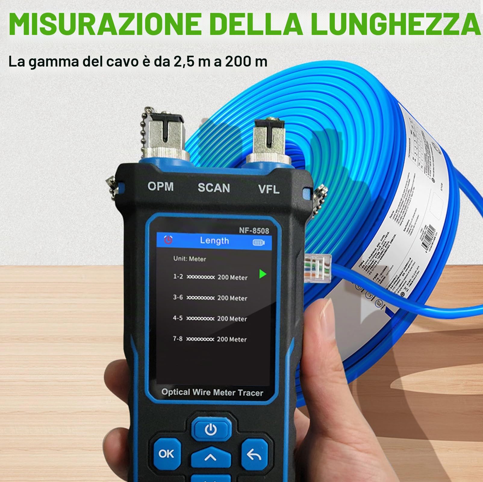 Tester di rete LAN CAT5 CAT6 RJ11 RJ45 con misuratore di potenza ottico e tracciamento cavi