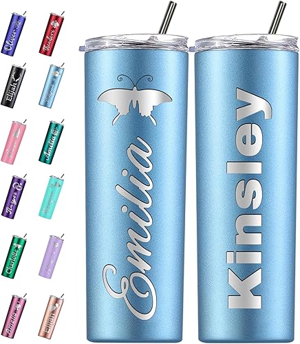Miniatura 1 de Vaso personalizado personalizado con nombre grabado y logotipo, vasos delgados personalizados con tapa y pajita, vaso aislado de acero inoxidable de
