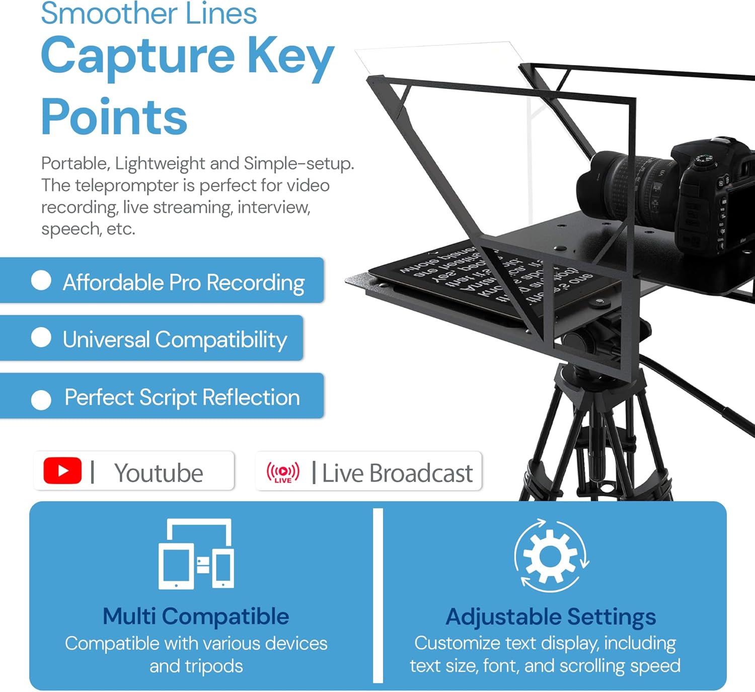 Teleprompter 5.0 12" Compatible with iPad, Tablet, Smartphone and DSLR Camera, Remote or App Control, Compatible with Android and iOS, Ideal for Video Recording, Aluminum Alloy