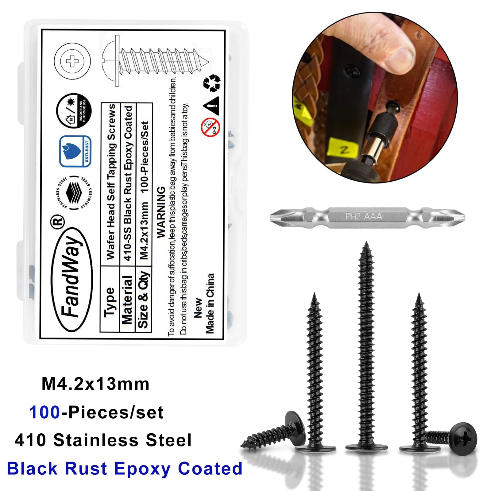 FandWay M4.2x13mm Wafer Head Self Tapping Screws,100Pcs Truss Head Self Drilling Screws,410 Stainless Steel Wood Screw,Black Rust Epoxy Coated Sheet Metal Screw for Aluminum Wood Plastics - Image 2